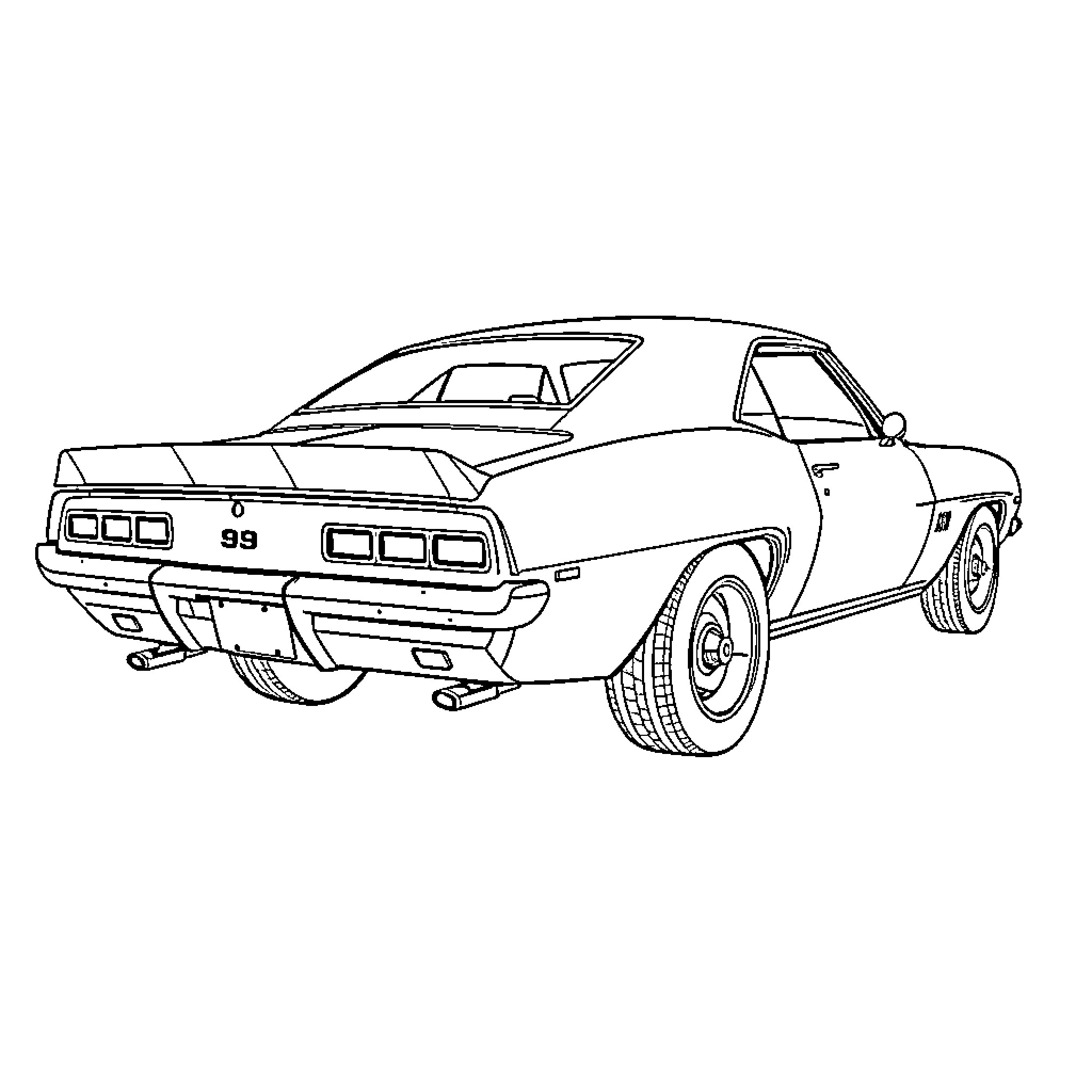 Camaro muscle car in black and white outline Coloring Page (free black-and-white line drawing printable PDF for all, from beginners to advanced learners, including children, teens, adults, and seniors)