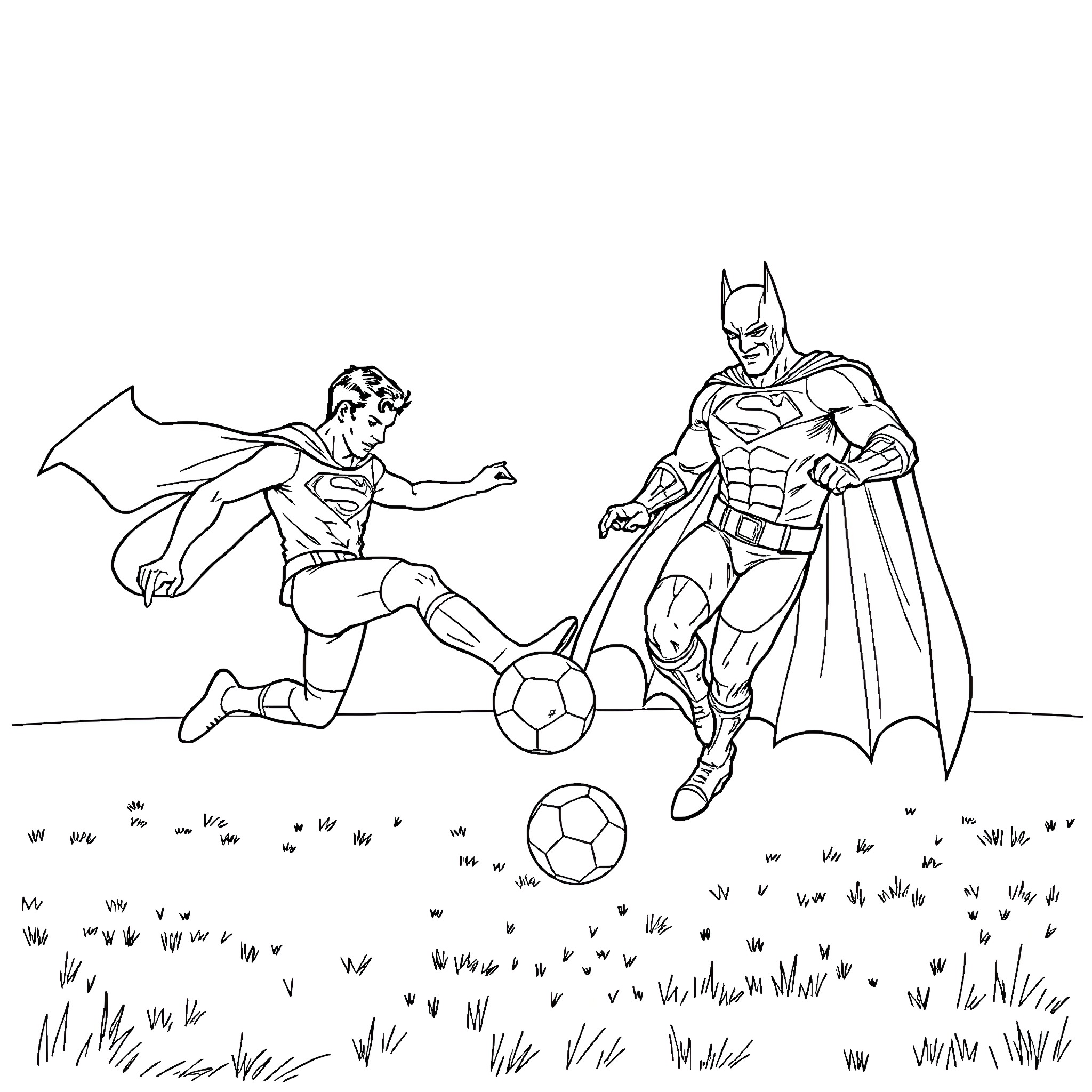 Superman and Batman playing soccer on the field Coloring Page (free black-and-white line drawing printable PDF for all, from beginners to advanced learners, including children, teens, adults, and seniors)