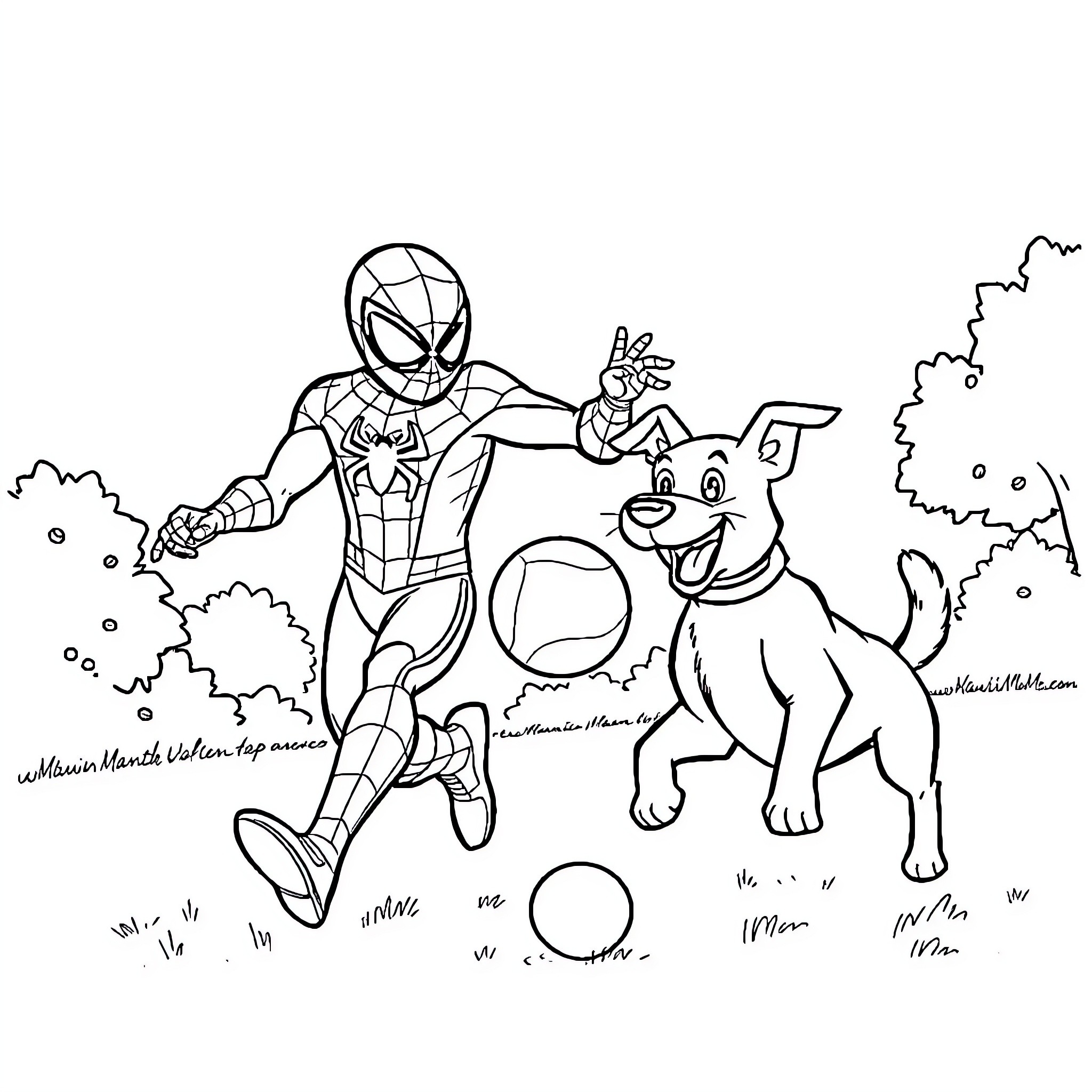 Spiderman playing with his dog in the park Coloring Page (free black-and-white line drawing printable PDF for all, from beginners to advanced learners, including children, teens, adults, and seniors)
