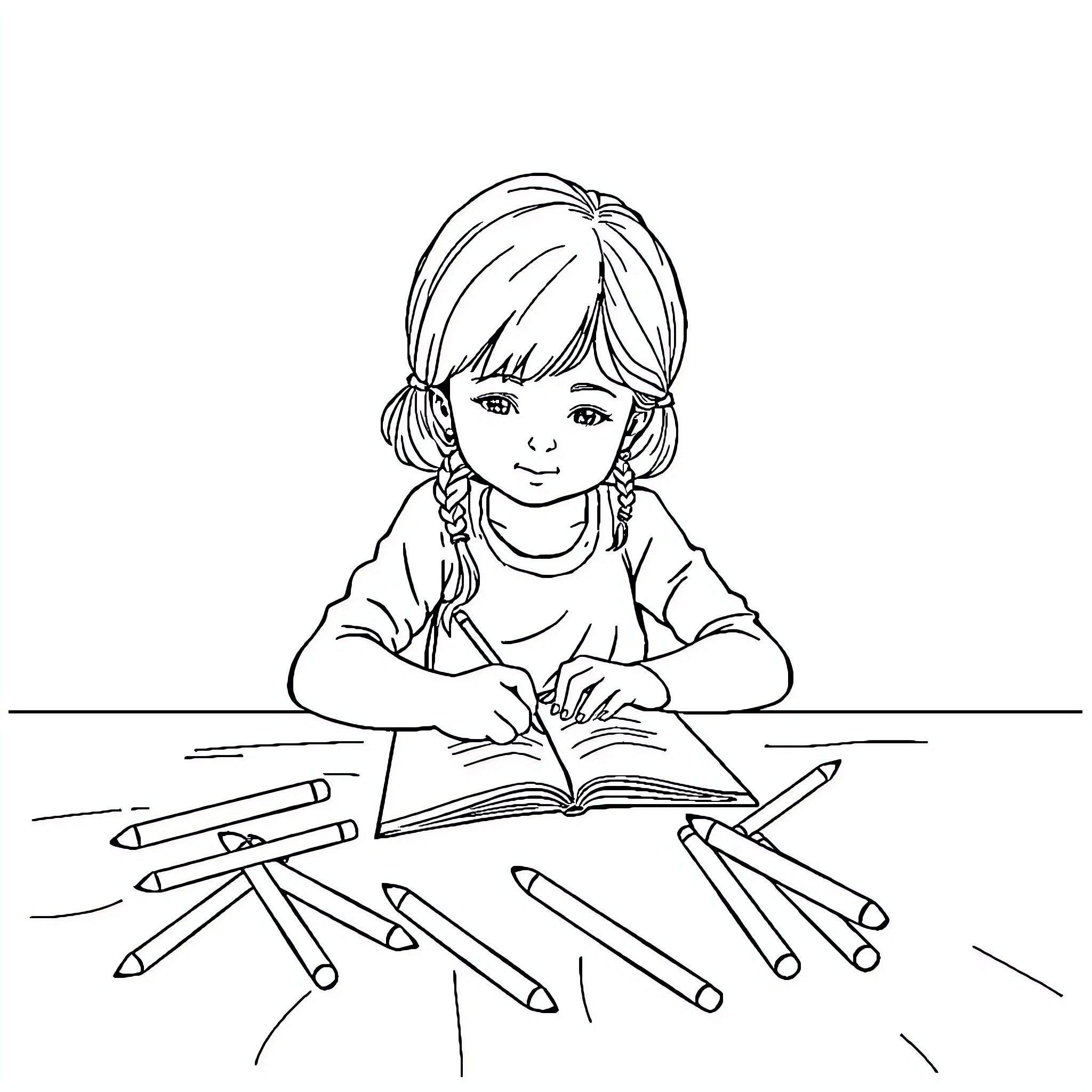 Girl Studying Intently at Her Desk Coloring Page (free black-and-white line drawing printable PDF for all, from beginners to advanced learners, including children, teens, adults, and seniors)