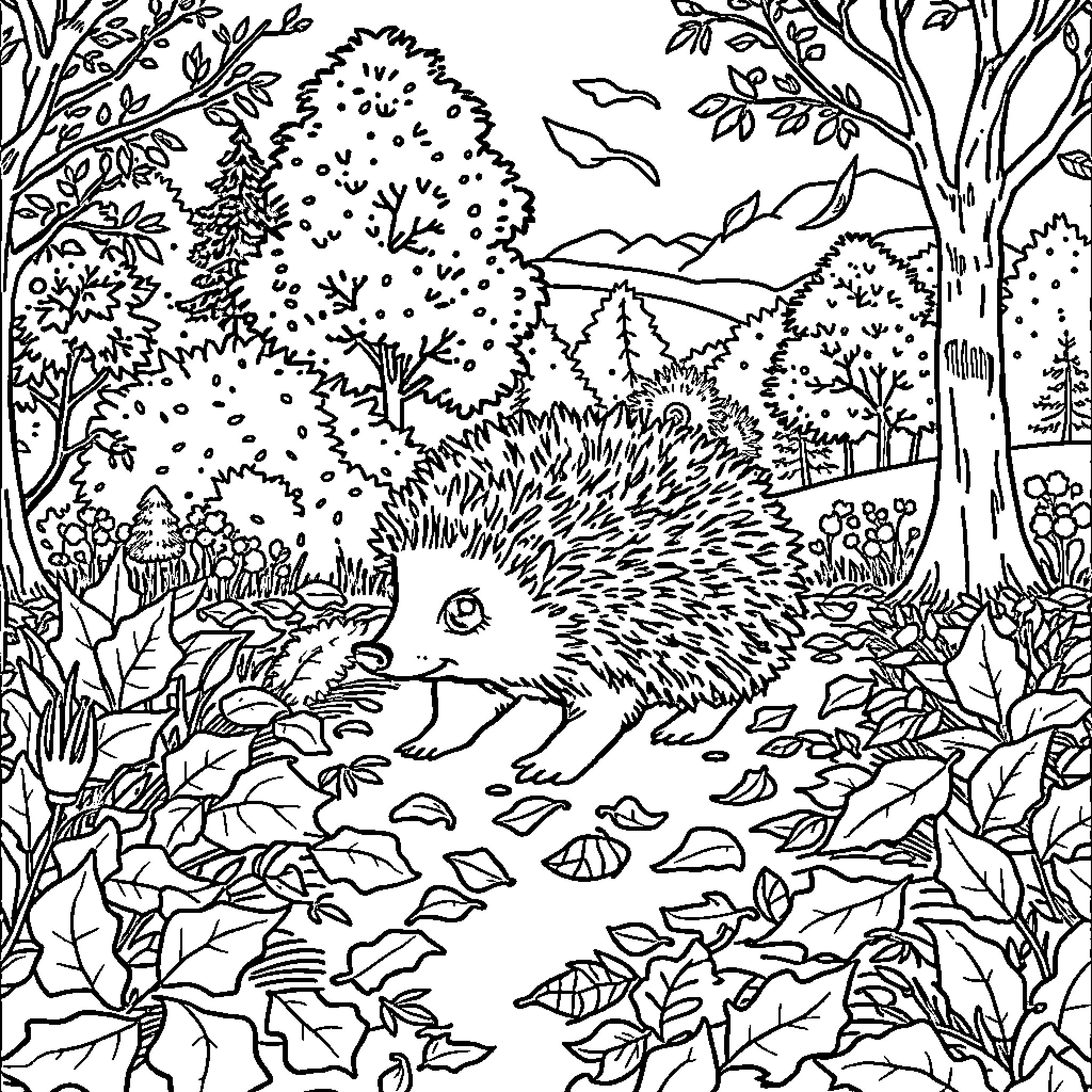 Hedgehog exploring lush forest landscape Coloring Page (free black-and-white line drawing printable PDF for all, from beginners to advanced learners, including children, teens, adults, and seniors)