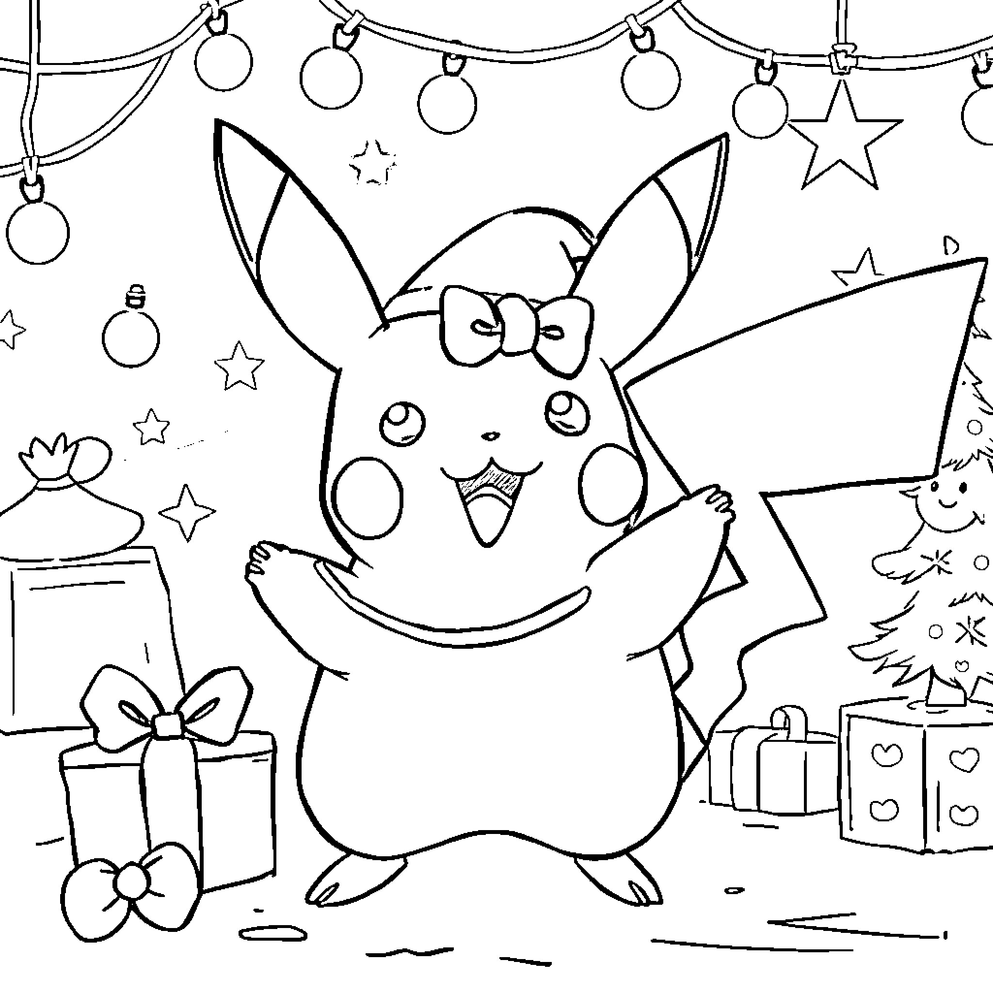 Pikachu celebrating joyfully in festive scene Coloring Page (free black-and-white line drawing printable PDF for all, from beginners to advanced learners, including children, teens, adults, and seniors)