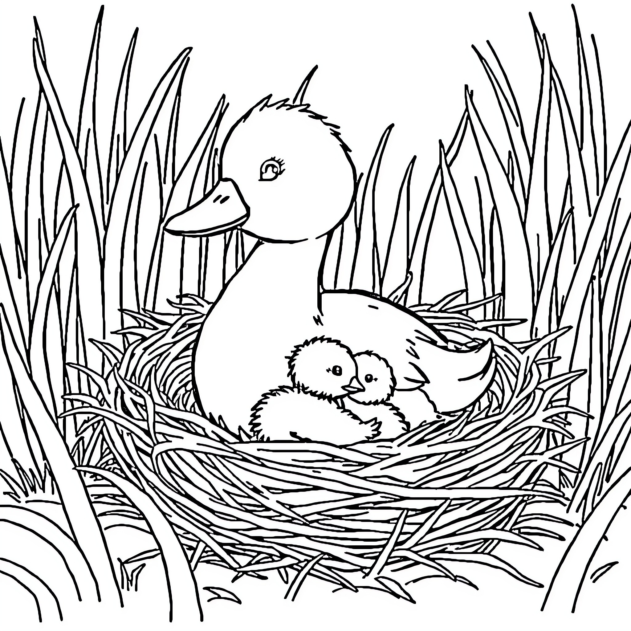 Duck and ducklings in a nest Coloring Page (free black-and-white line drawing printable PDF for all, from beginners to advanced learners, including children, teens, adults, and seniors)