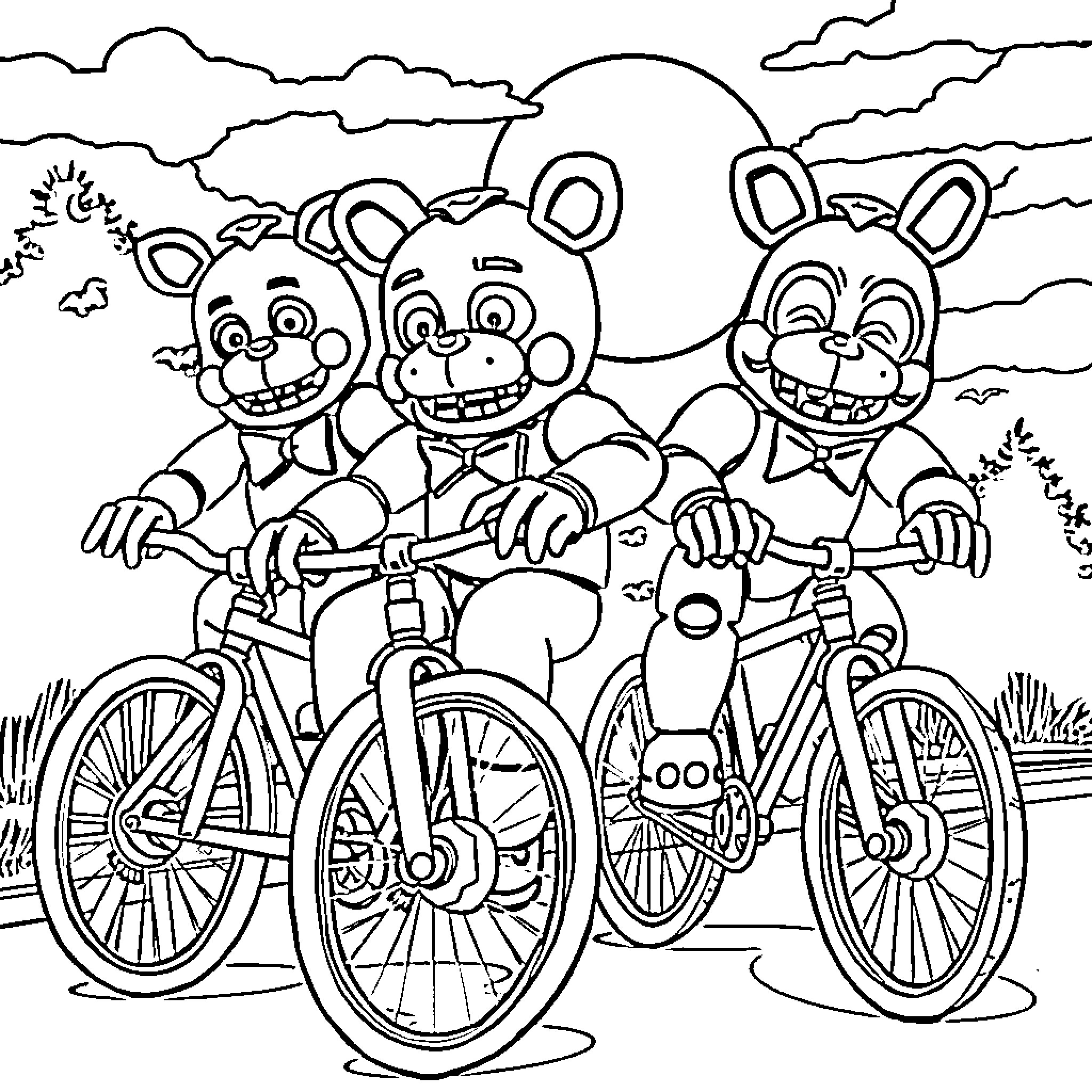 Five Nights At Freddy's Characters Biking in Park Coloring Page (free black-and-white line drawing printable PDF for all, from beginners to advanced learners, including children, teens, adults, and seniors)
