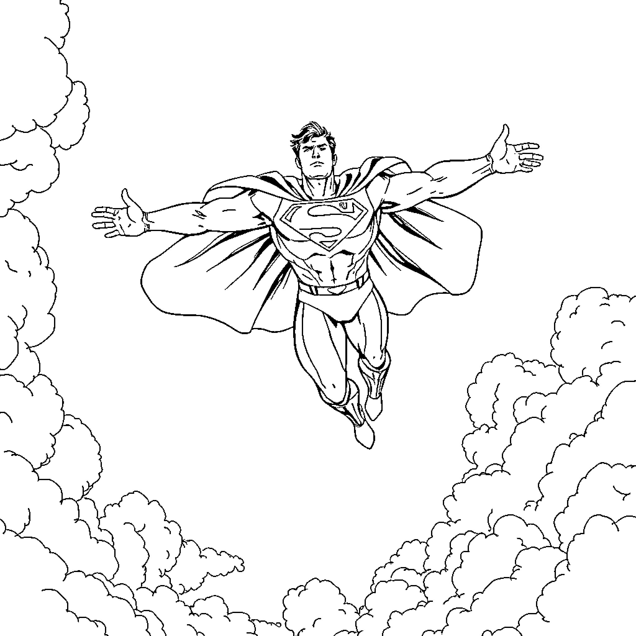 Superman soaring through the sky Coloring Page (free black-and-white line drawing printable PDF for all, from beginners to advanced learners, including children, teens, adults, and seniors)
