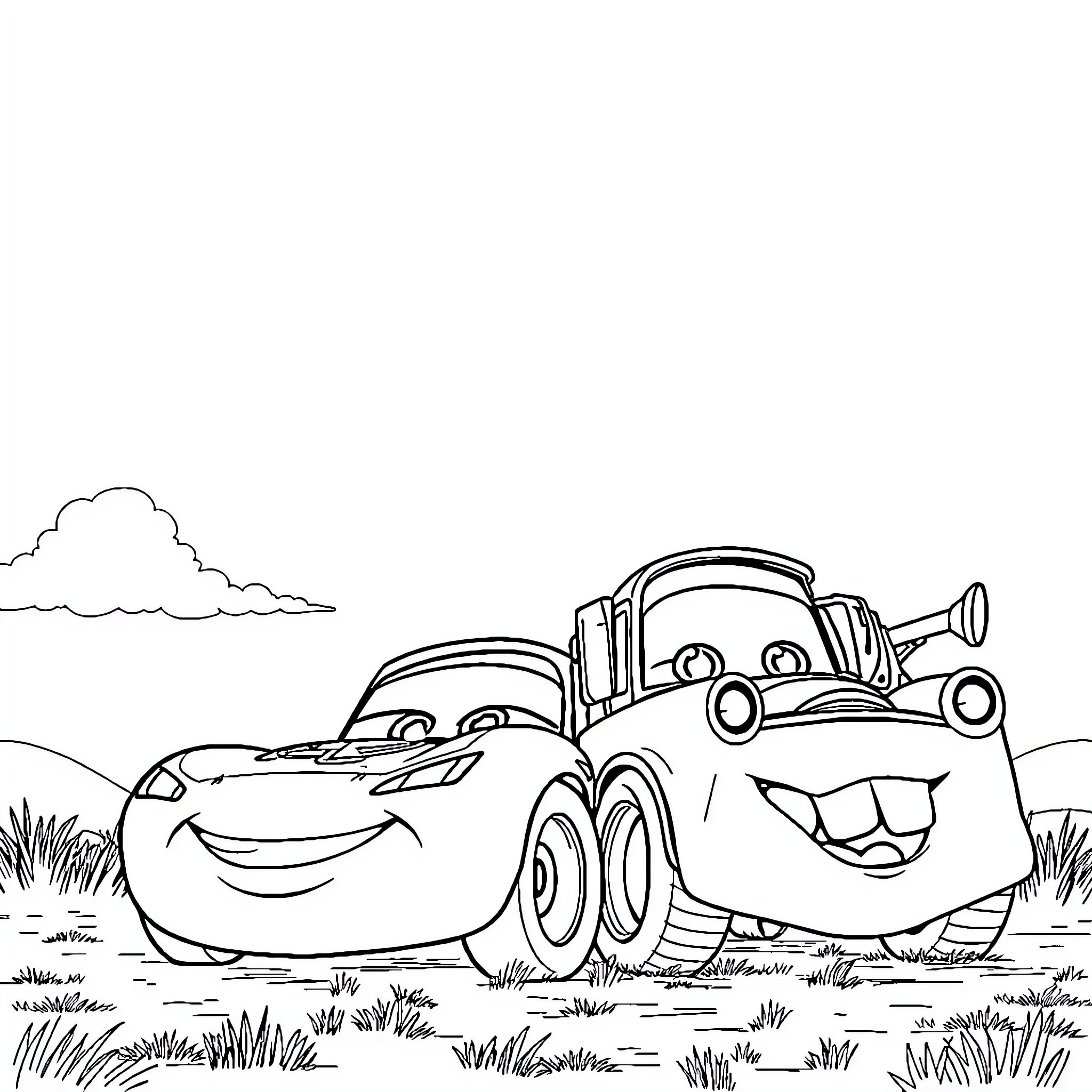Lightning McQueen and Mater playing happily in the field Coloring Page (free black-and-white line drawing printable PDF for all, from beginners to advanced learners, including children, teens, adults, and seniors)