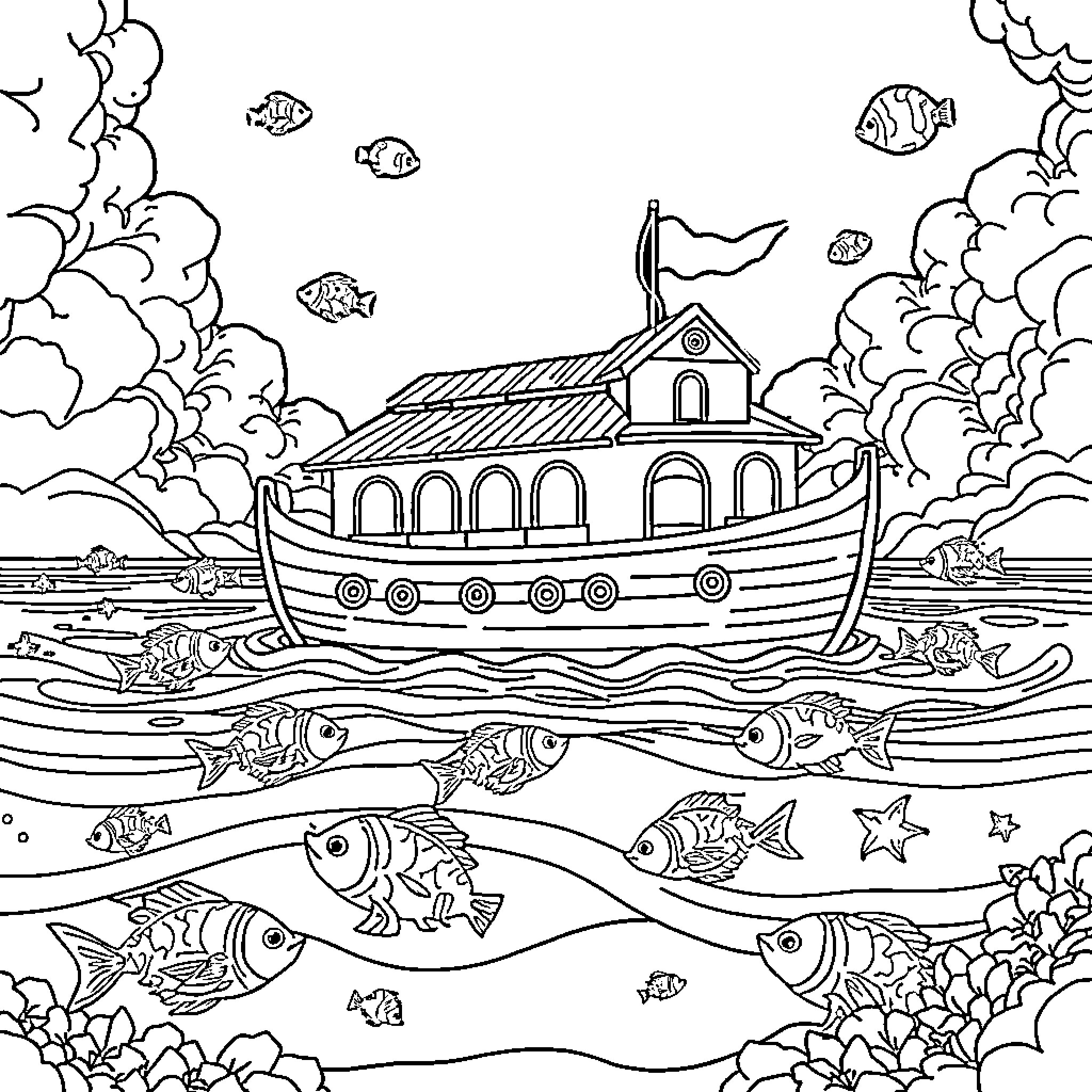 Noah's Ark Sailing Peacefully with Animals and Fishes Coloring Page (free black-and-white line drawing printable PDF for all, from beginners to advanced learners, including children, teens, adults, and seniors)
