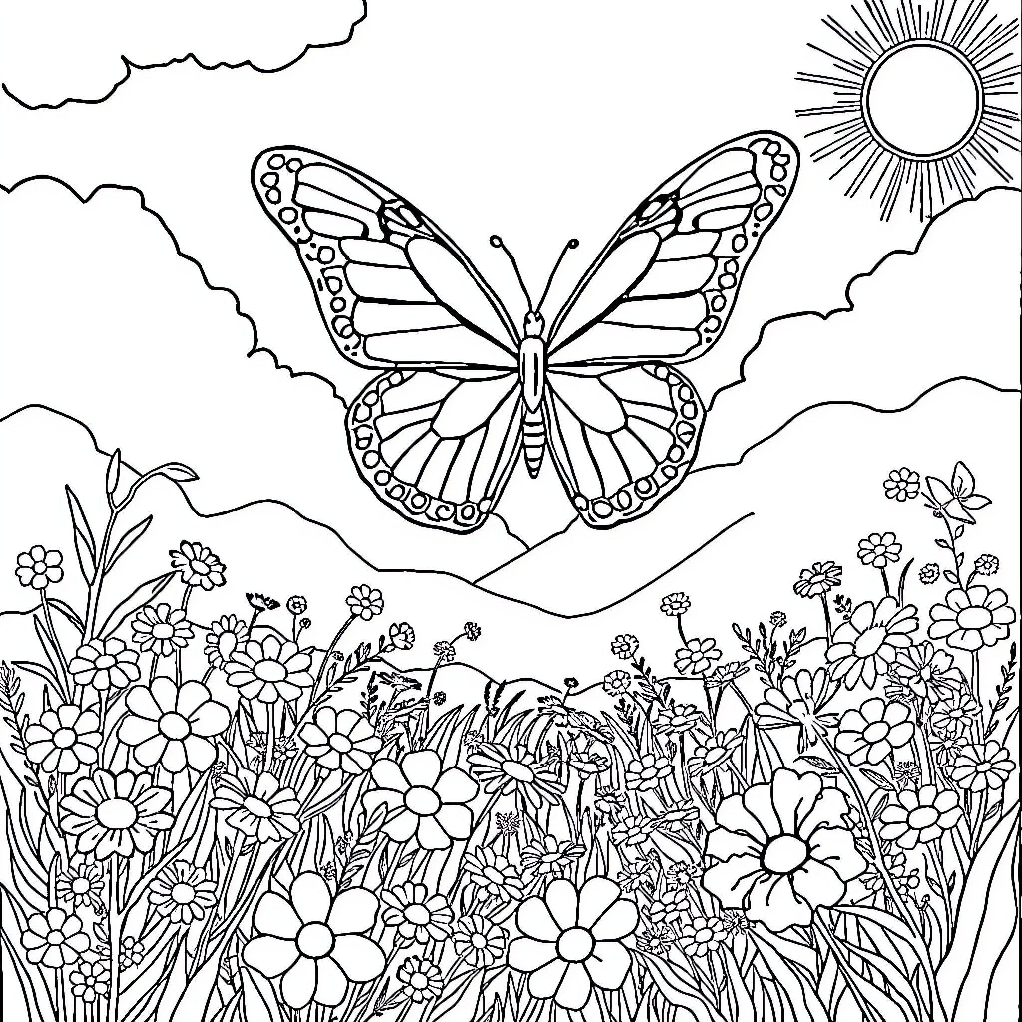 Butterfly soaring amidst vibrant floral field Coloring Page (free black-and-white line drawing printable PDF for all, from beginners to advanced learners, including children, teens, adults, and seniors)
