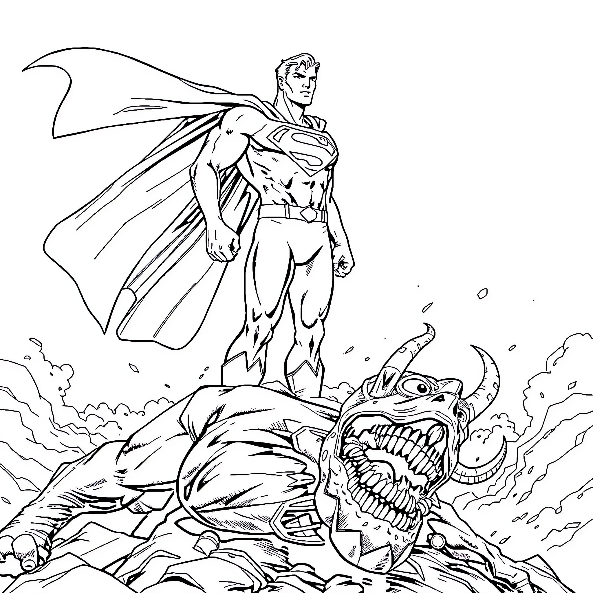 Superman fighting a fierce monster Coloring Page (free black-and-white line drawing printable PDF for all, from beginners to advanced learners, including children, teens, adults, and seniors)