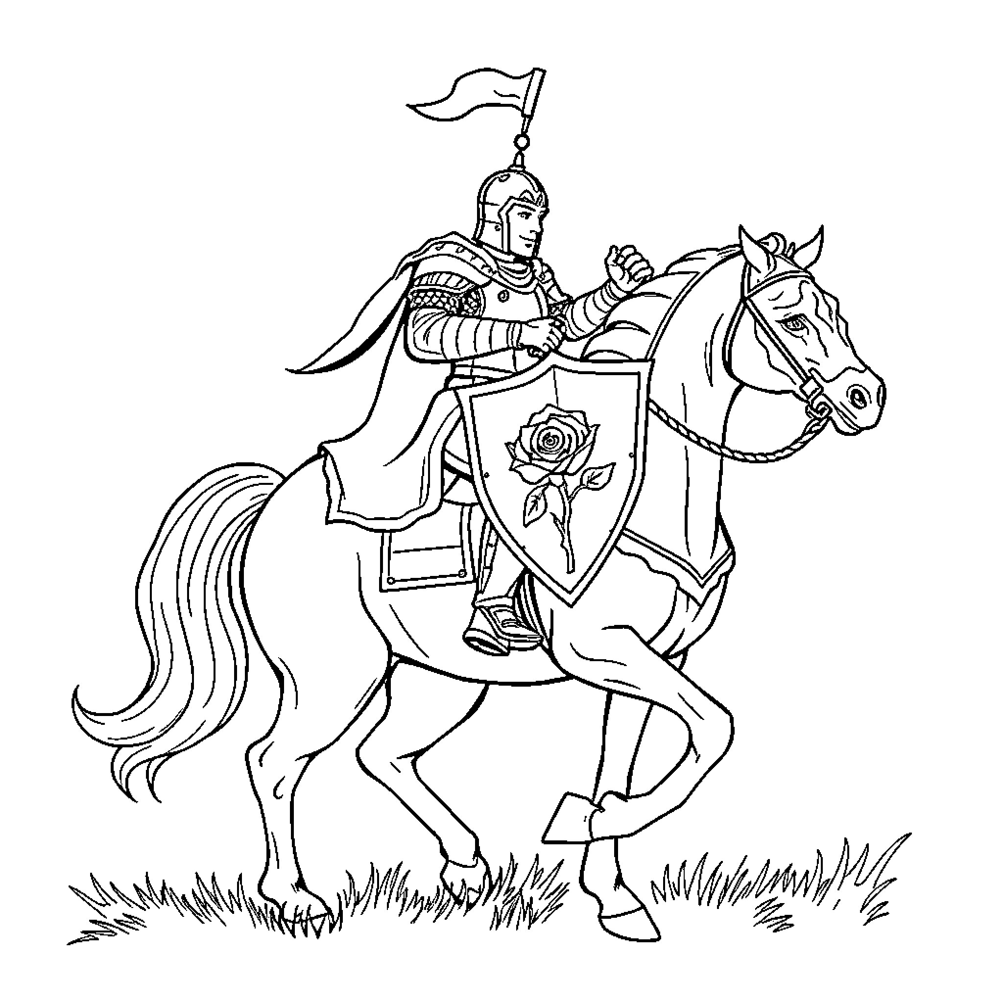 Knight riding gallantly on horseback Coloring Page (free black-and-white line drawing printable PDF for all, from beginners to advanced learners, including children, teens, adults, and seniors)