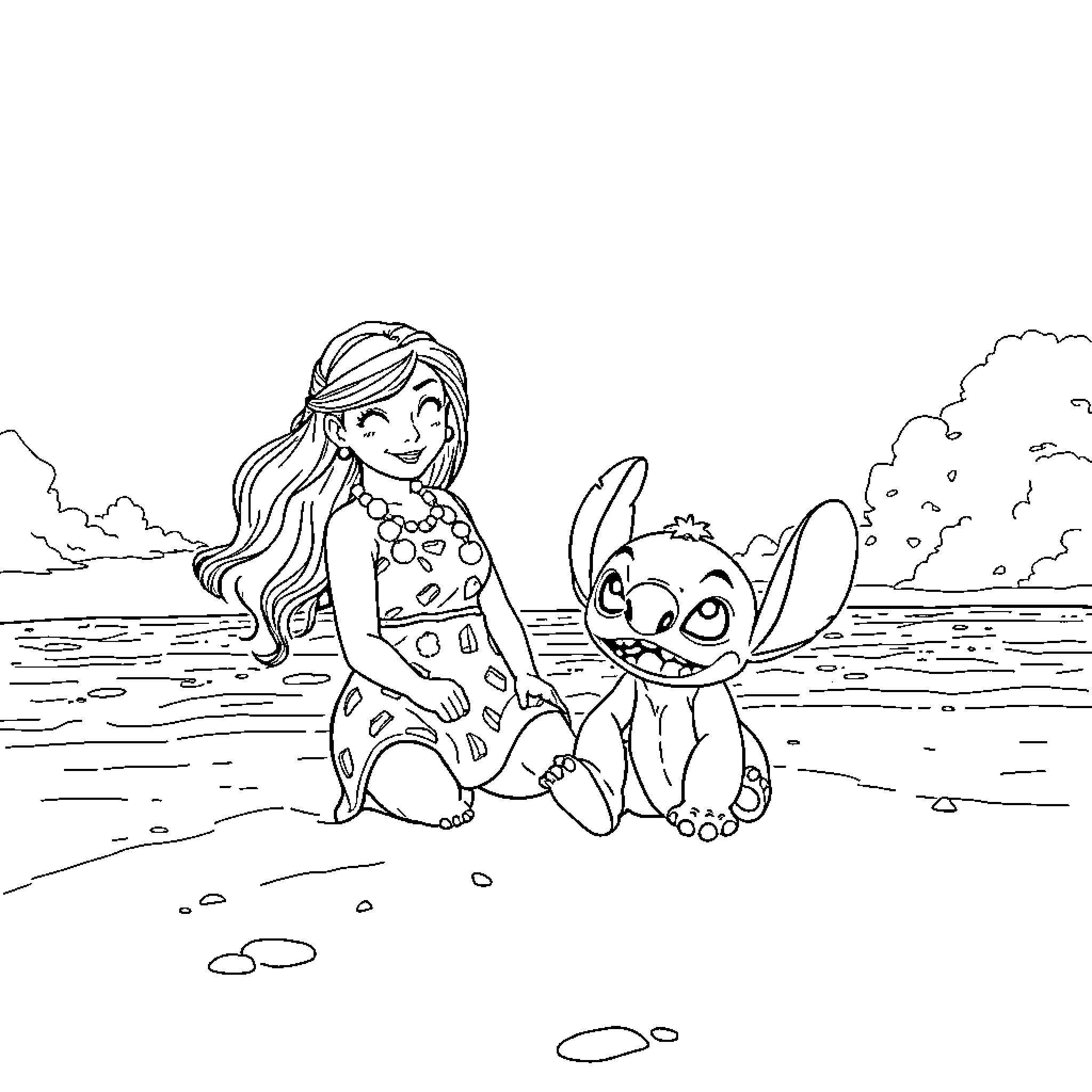 Lilo playing with her alien friend on the beach Coloring Page (free black-and-white line drawing printable PDF for all, from beginners to advanced learners, including children, teens, adults, and seniors)