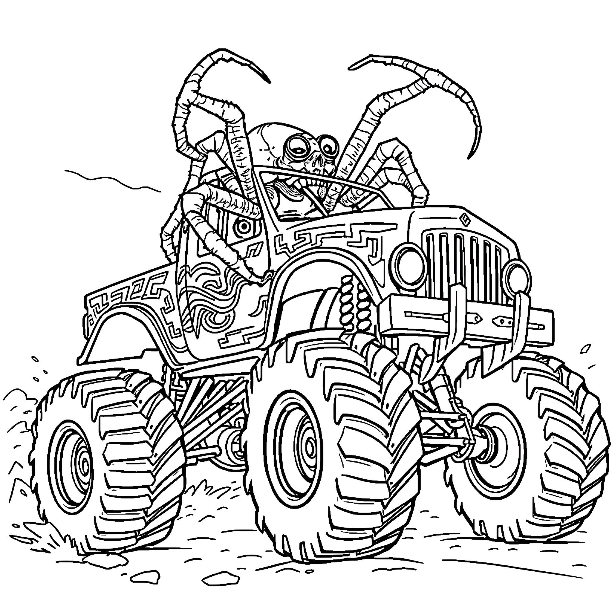 Spider-like monster riding a monstrous vehicle Coloring Page (free black-and-white line drawing printable PDF for all, from beginners to advanced learners, including children, teens, adults, and seniors)