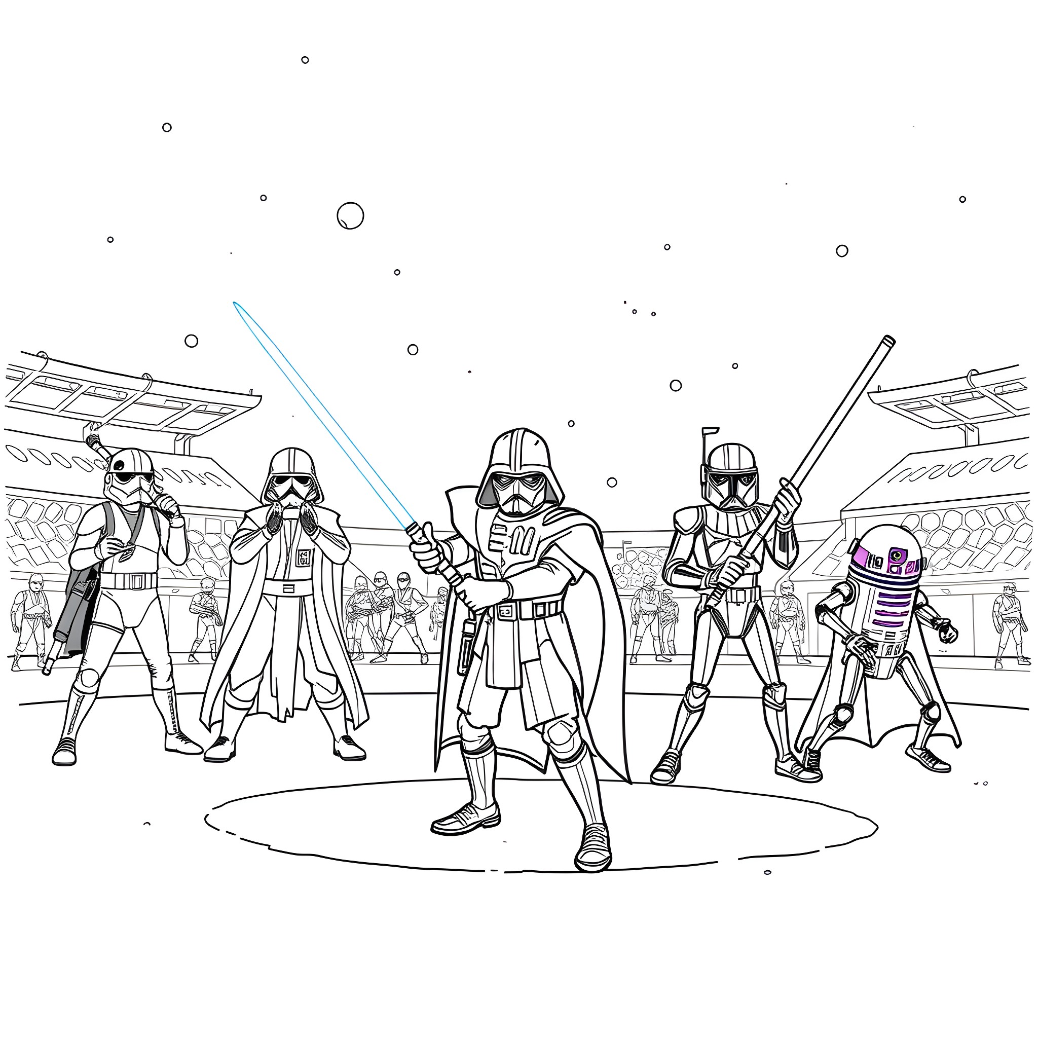 Star Wars Characters in an Action-Packed Scene Coloring Page (free black-and-white line drawing printable PDF for all, from beginners to advanced learners, including children, teens, adults, and seniors)
