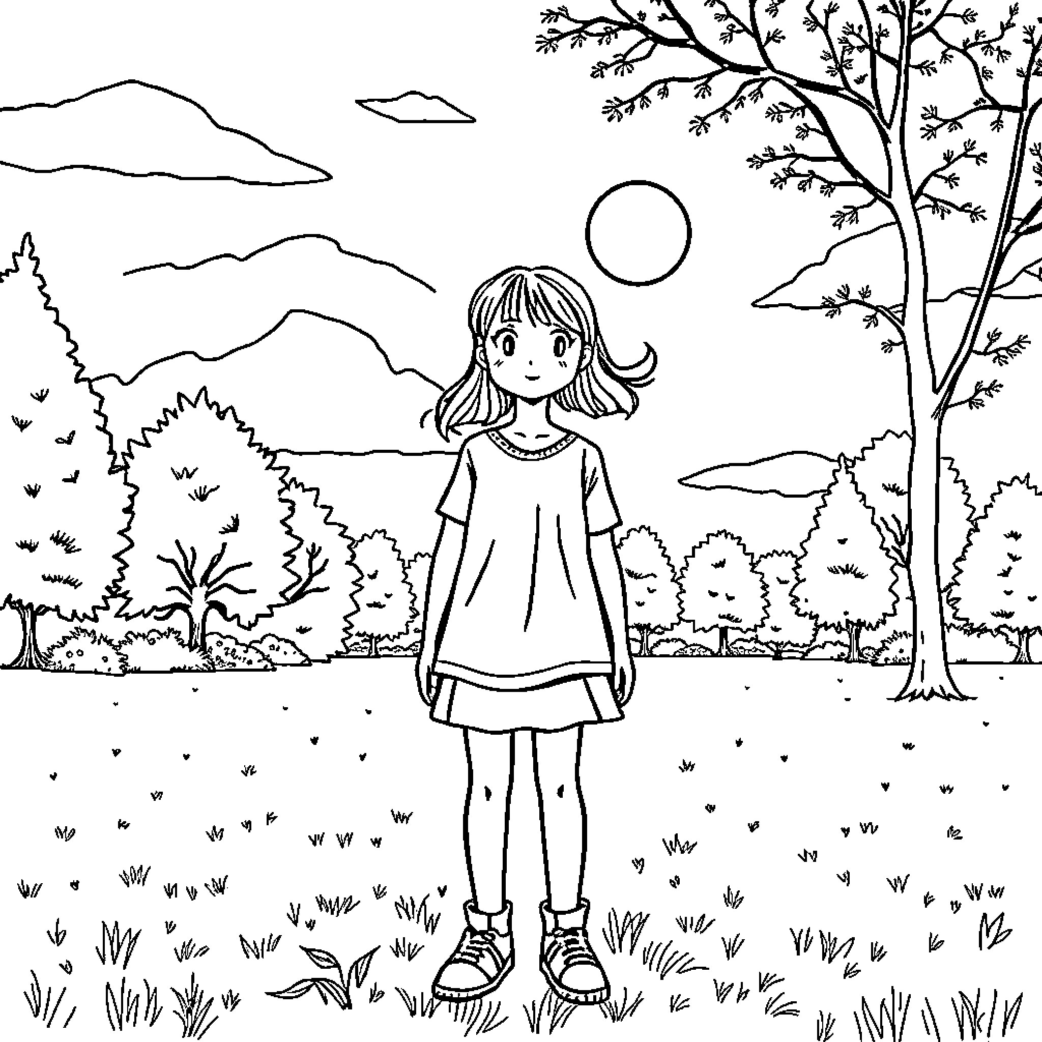 Girl enjoys peaceful nature scenery Coloring Page (free black-and-white line drawing printable PDF for all, from beginners to advanced learners, including children, teens, adults, and seniors)
