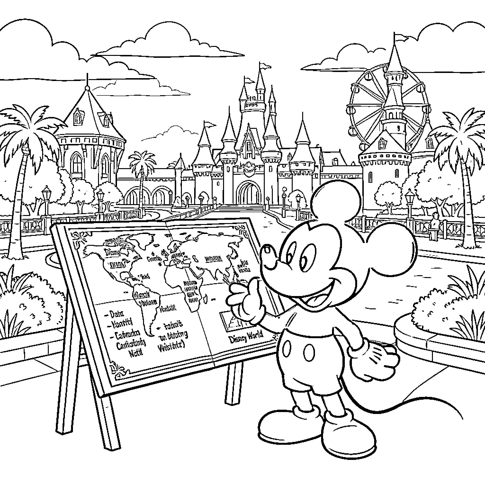 Mickey Mouse pointing at a world map Coloring Page (free black-and-white line drawing printable PDF for all, from beginners to advanced learners, including children, teens, adults, and seniors)