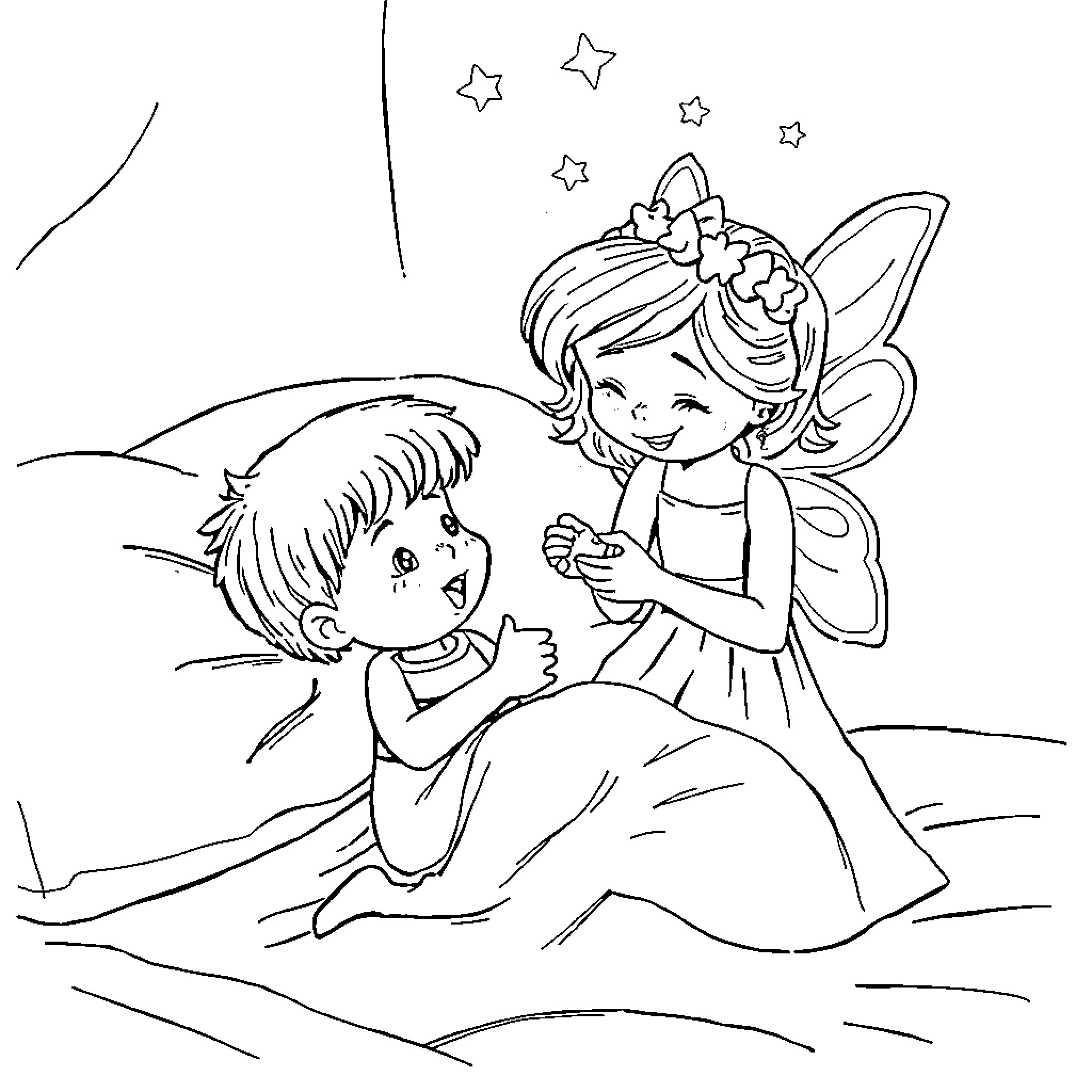 Tooth Fairy comforting a child with stars Coloring Page (free black-and-white line drawing printable PDF for all, from beginners to advanced learners, including children, teens, adults, and seniors)