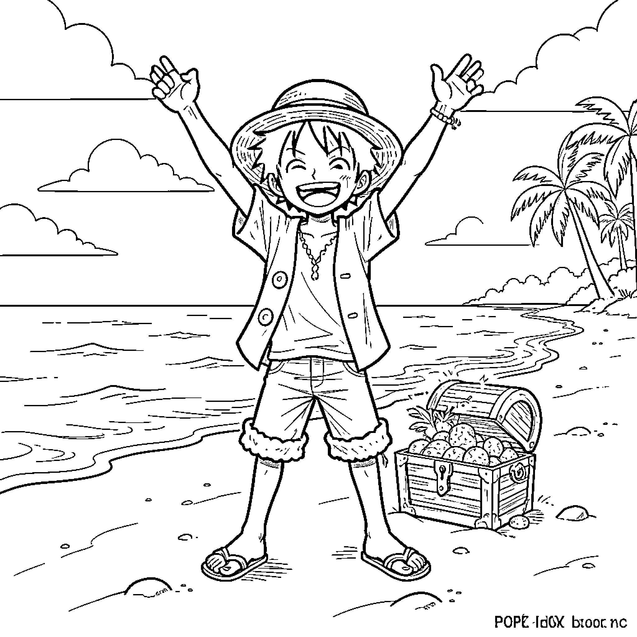 Monkey Luffy celebrates with a treasure chest on the beach Coloring Page (free black-and-white line drawing printable PDF for all, from beginners to advanced learners, including children, teens, adults, and seniors)