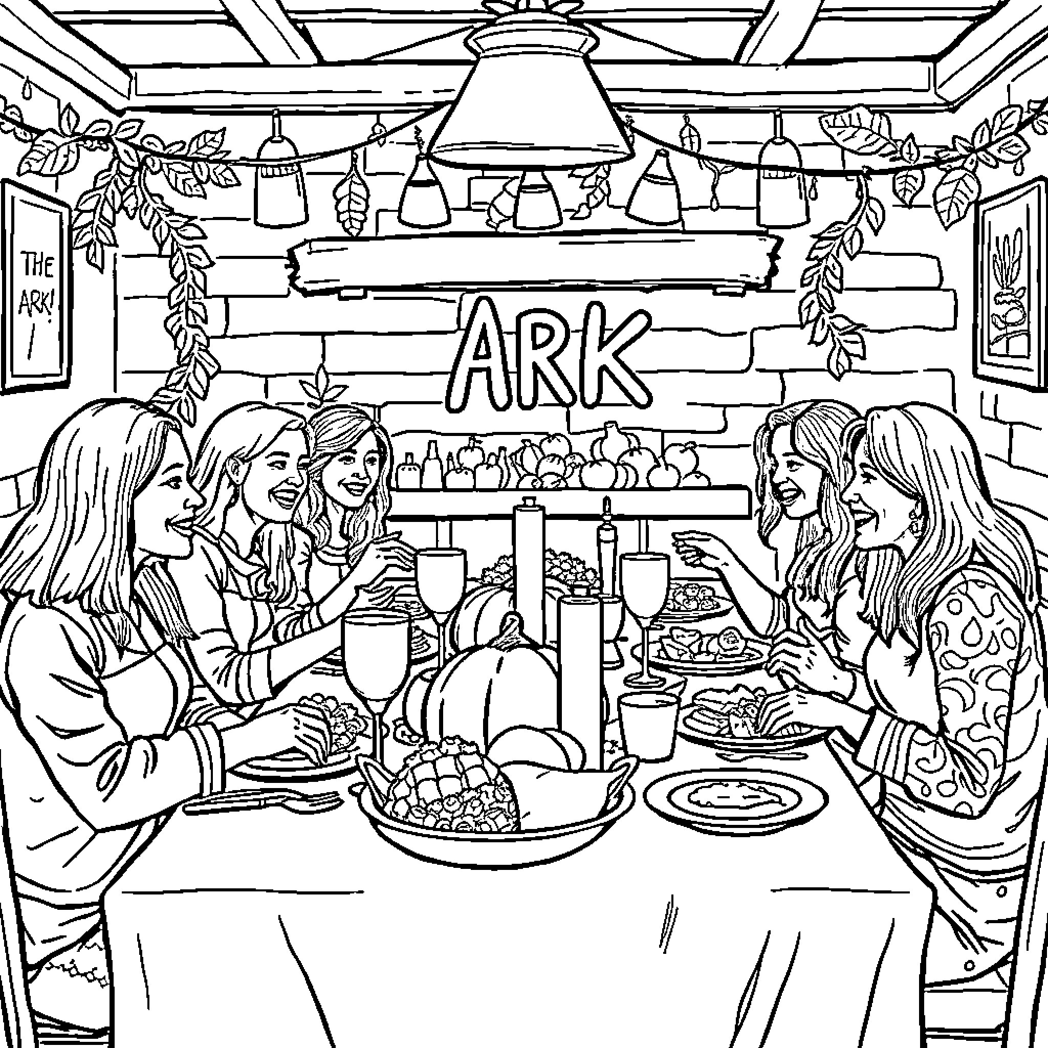 Ark: Friends enjoying a cozy gathering Coloring Page (free black-and-white line drawing printable PDF for all, from beginners to advanced learners, including children, teens, adults, and seniors)