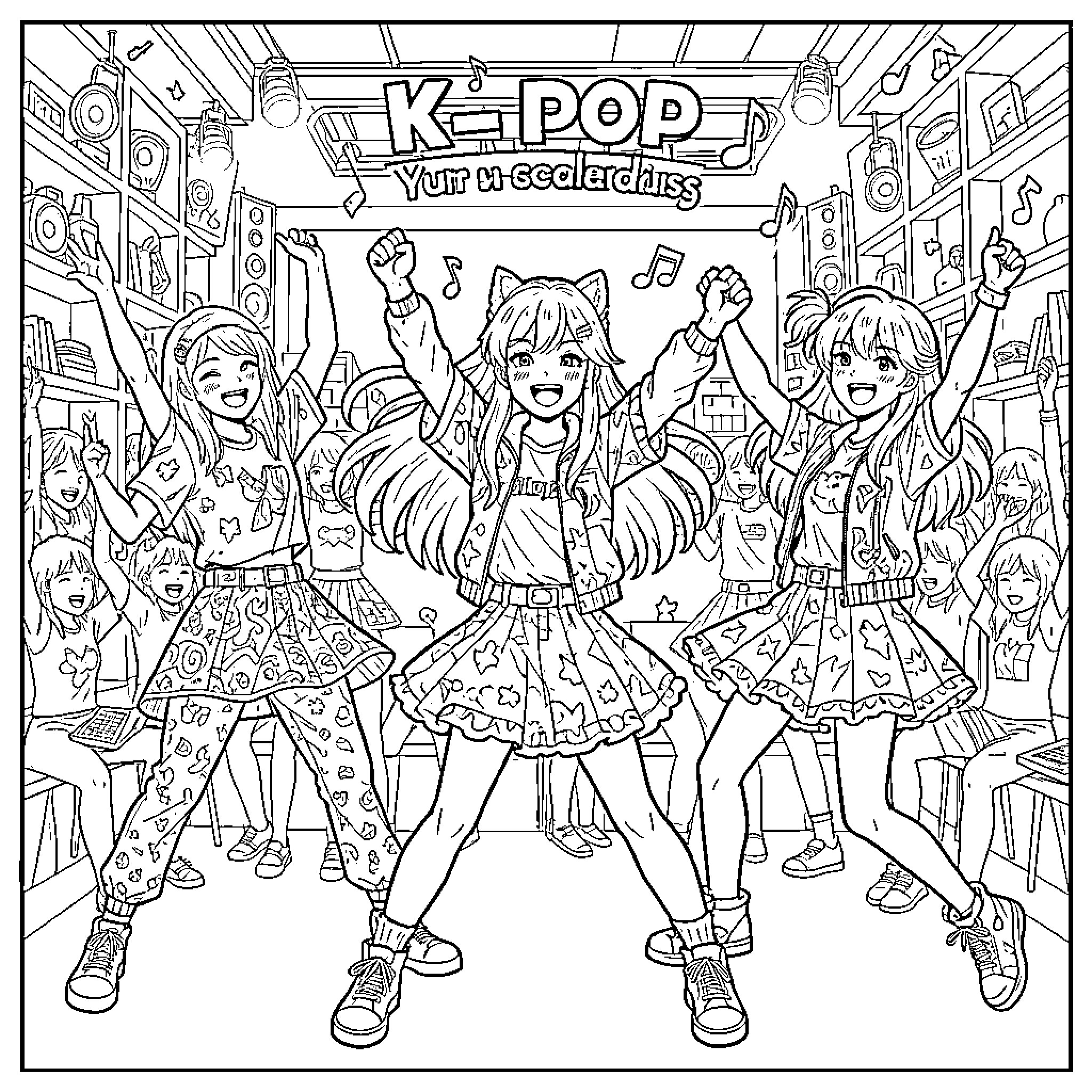 K Pop Performance of Colorful Costumed Artists Coloring Page (free black-and-white line drawing printable PDF for all, from beginners to advanced learners, including children, teens, adults, and seniors)