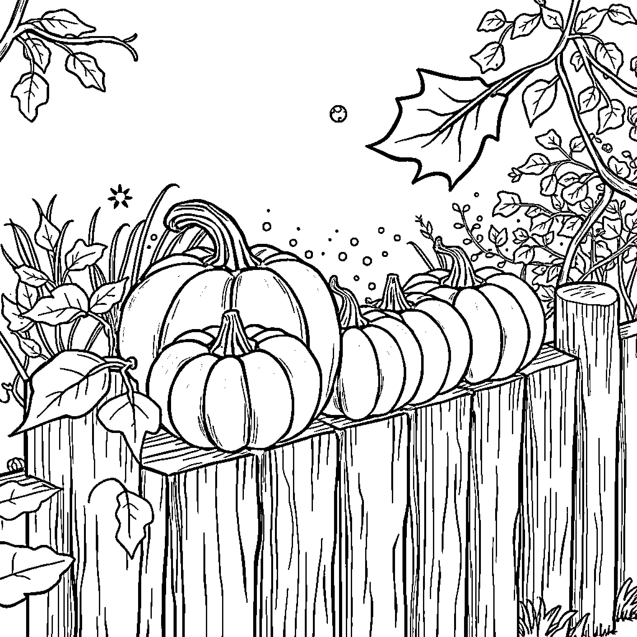 Pumpkins on Wooden Fence with Autumn Foliage Coloring Page (free black-and-white line drawing printable PDF for all, from beginners to advanced learners, including children, teens, adults, and seniors)
