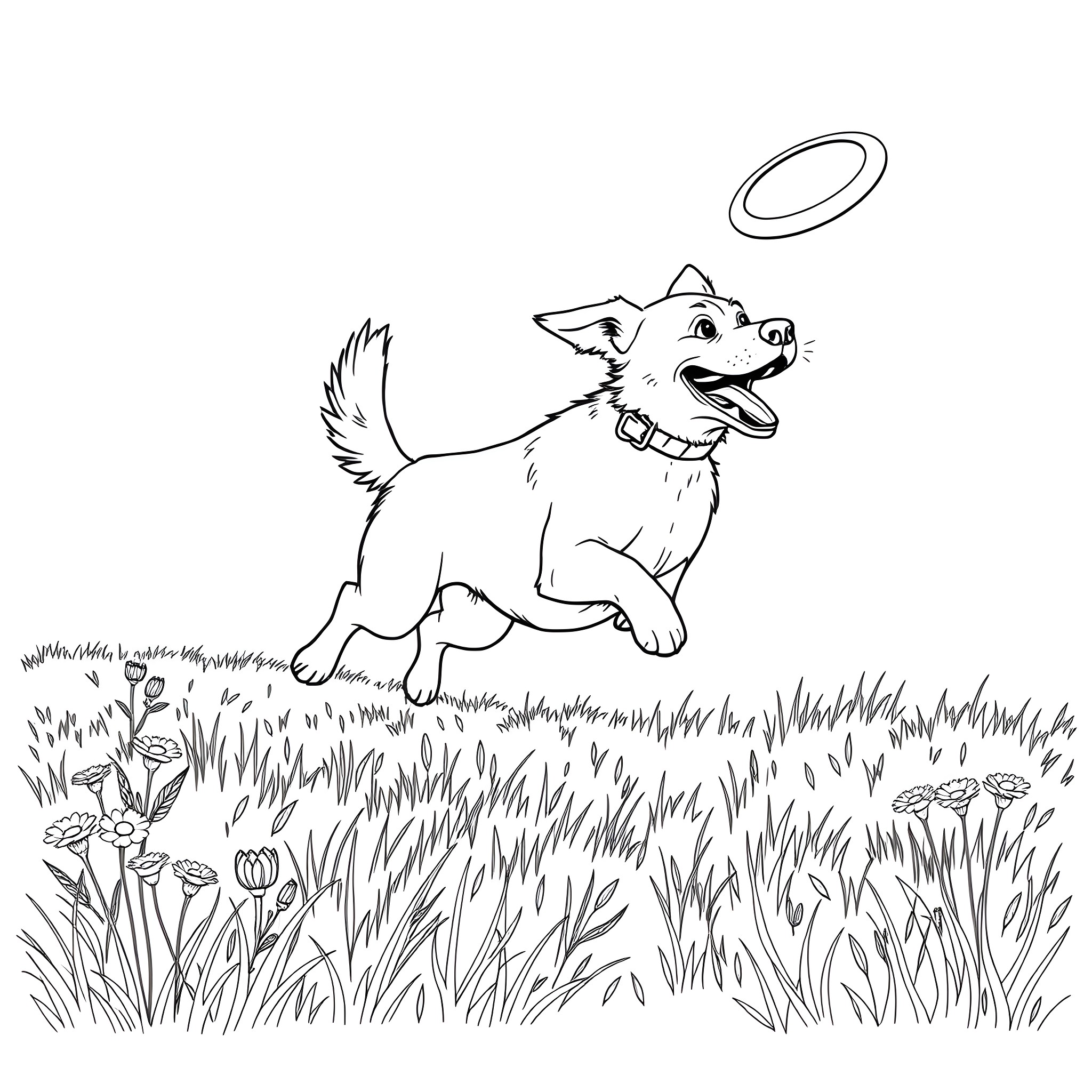 Dog playing in the grassy field Coloring Page (free black-and-white line drawing printable PDF for all, from beginners to advanced learners, including children, teens, adults, and seniors)