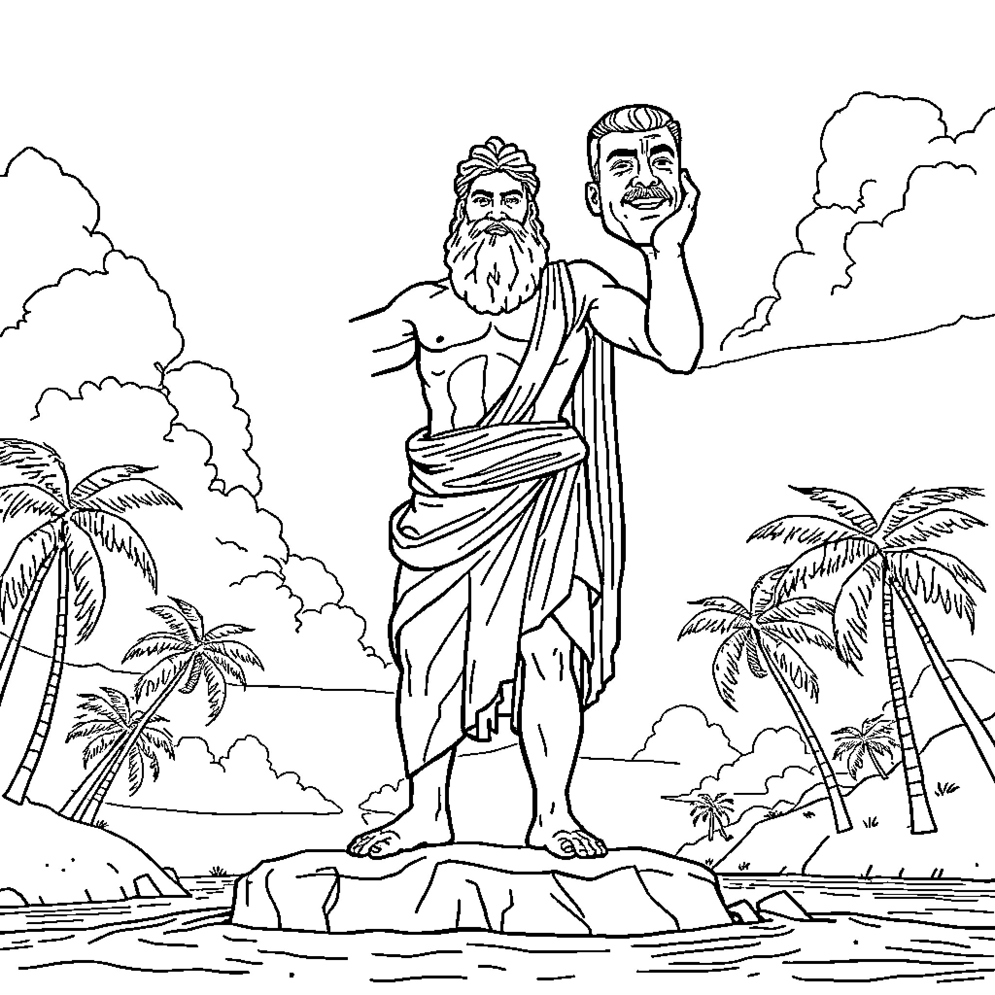 Aesop's Teachings Illustrated in a Mythical Landscape Coloring Page (free black-and-white line drawing printable PDF for all, from beginners to advanced learners, including children, teens, adults, and seniors)