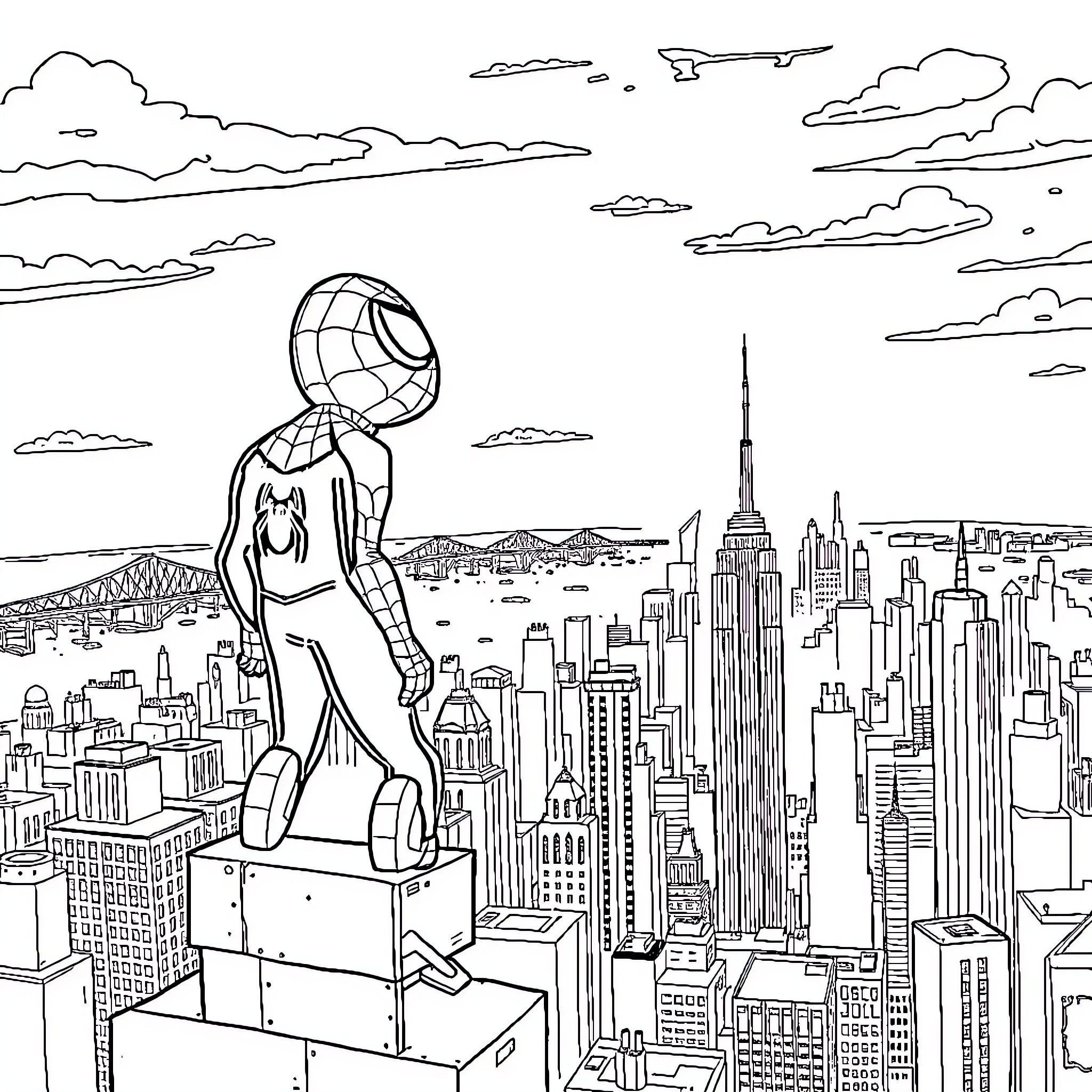 Spider-Ham swinging through the city skyline Coloring Page (free black-and-white line drawing printable PDF for all, from beginners to advanced learners, including children, teens, adults, and seniors)