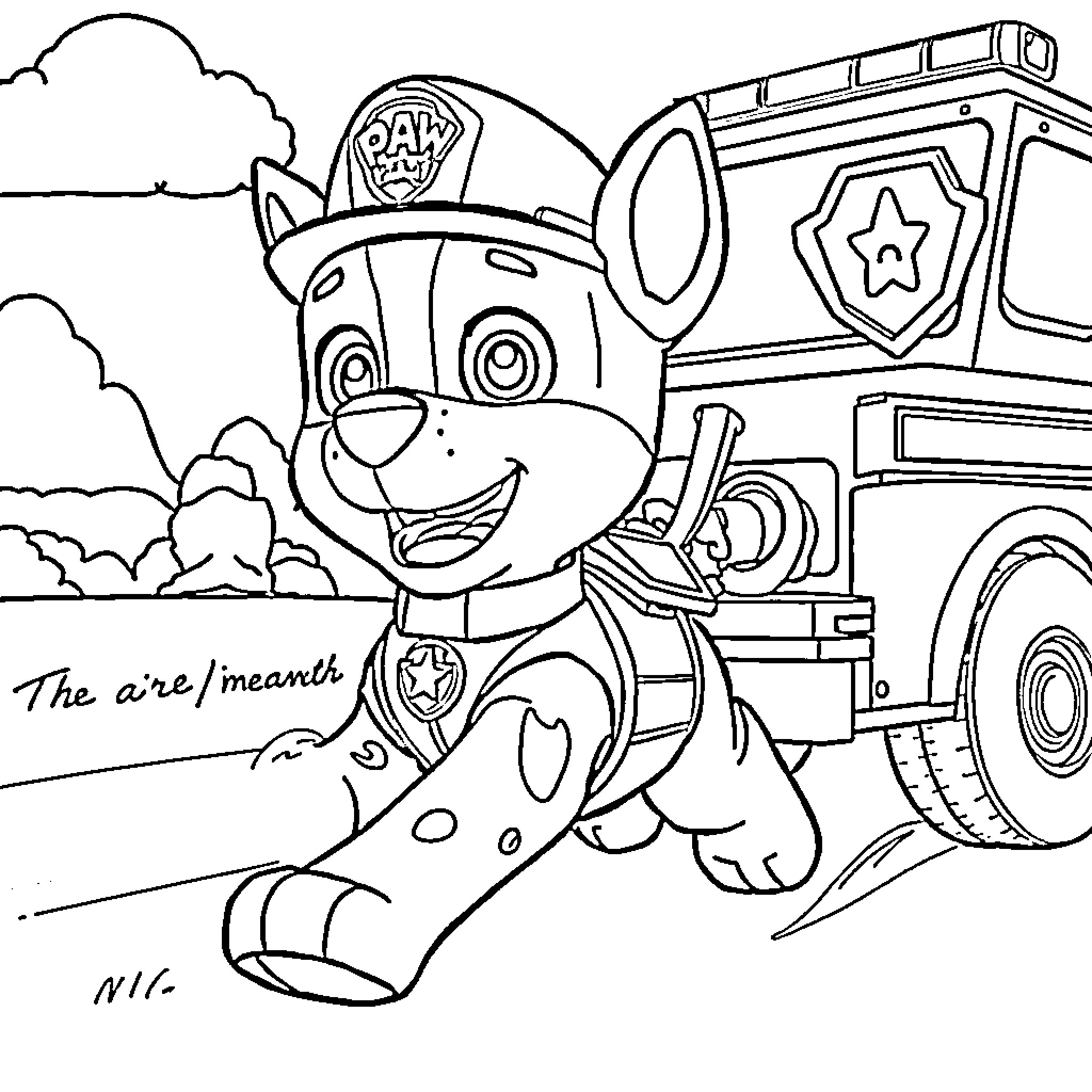 Marshall the Paw Patrol Pup Helping with Fire Truck Coloring Page (free black-and-white line drawing printable PDF for all, from beginners to advanced learners, including children, teens, adults, and seniors)
