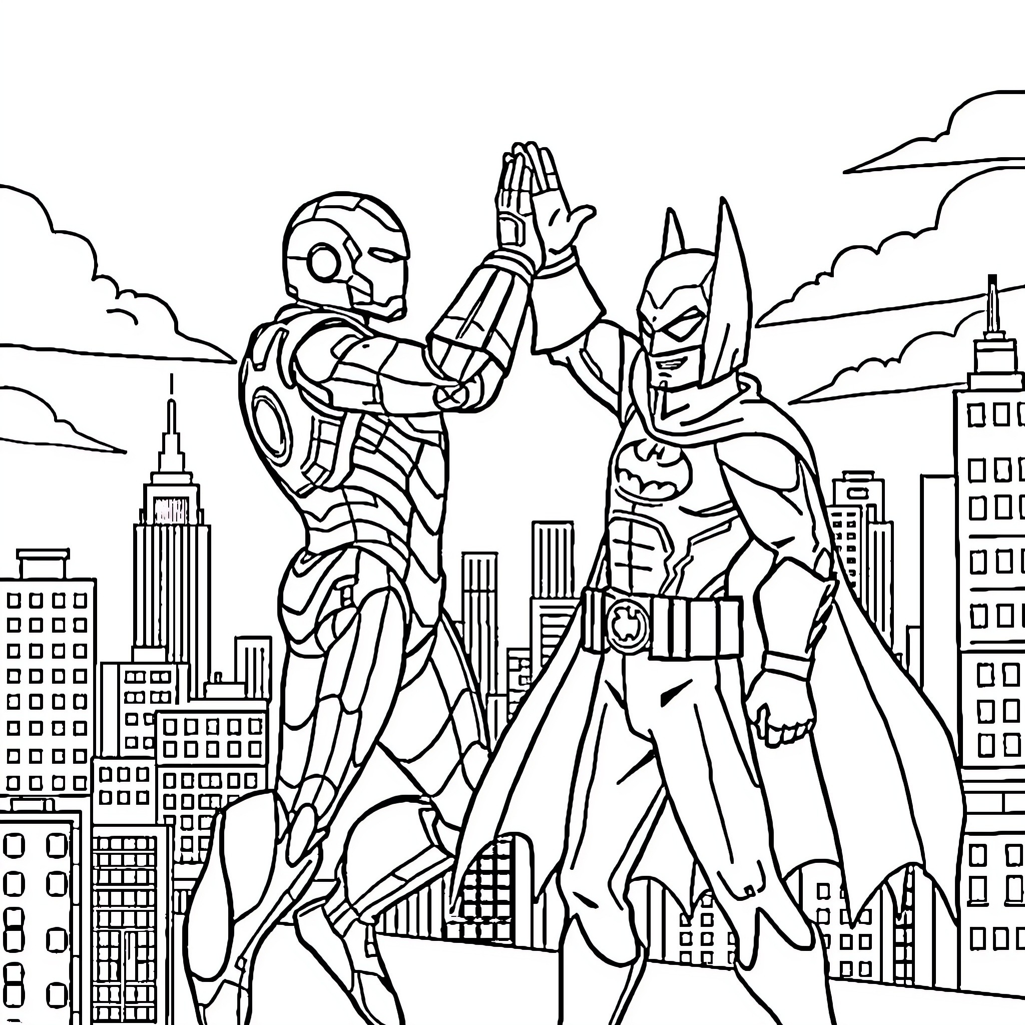 Hero duo battling crime in the city Coloring Page (free black-and-white line drawing printable PDF for all, from beginners to advanced learners, including children, teens, adults, and seniors)