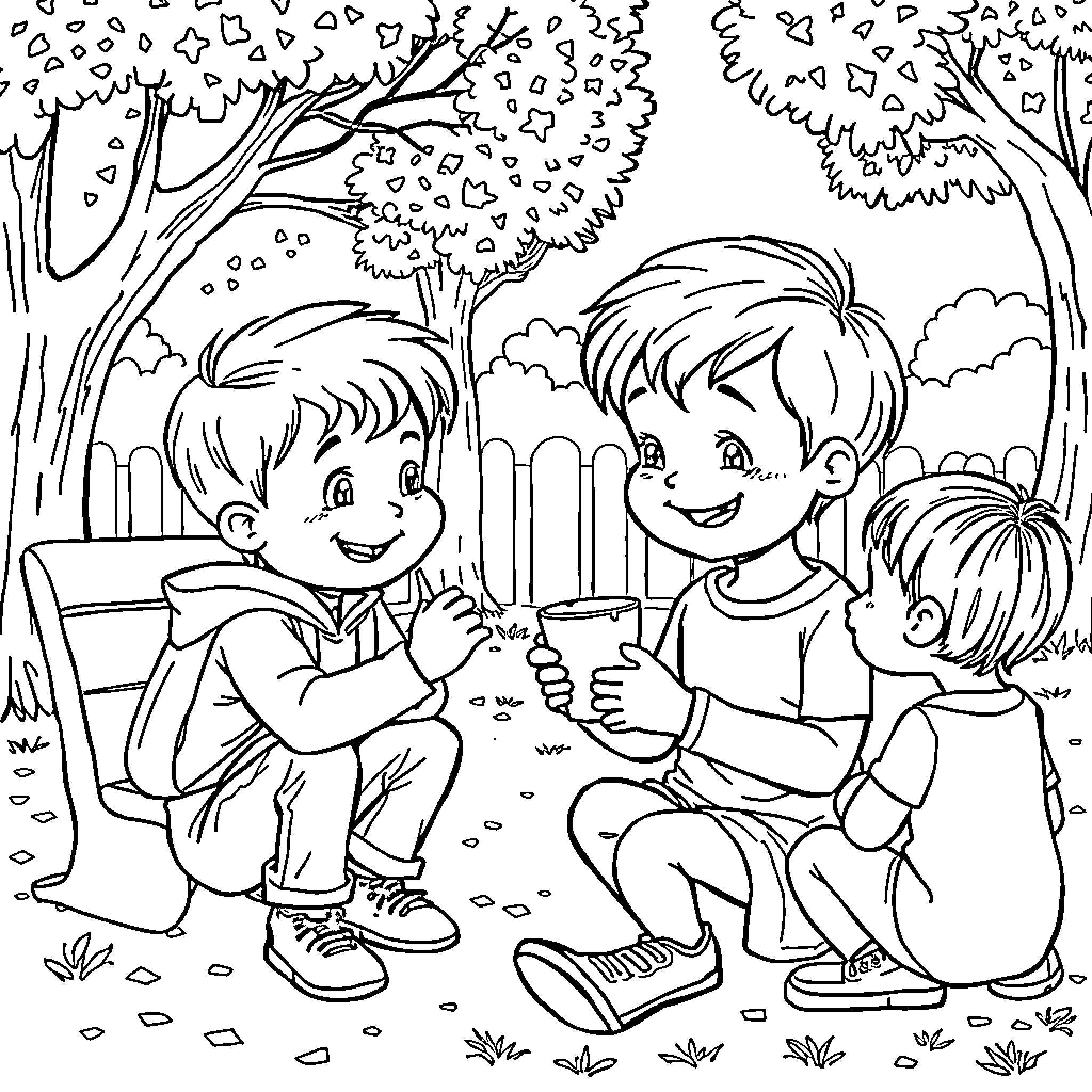 Child Trio Enjoying Nature Adventure Coloring Page (free black-and-white line drawing printable PDF for all, from beginners to advanced learners, including children, teens, adults, and seniors)