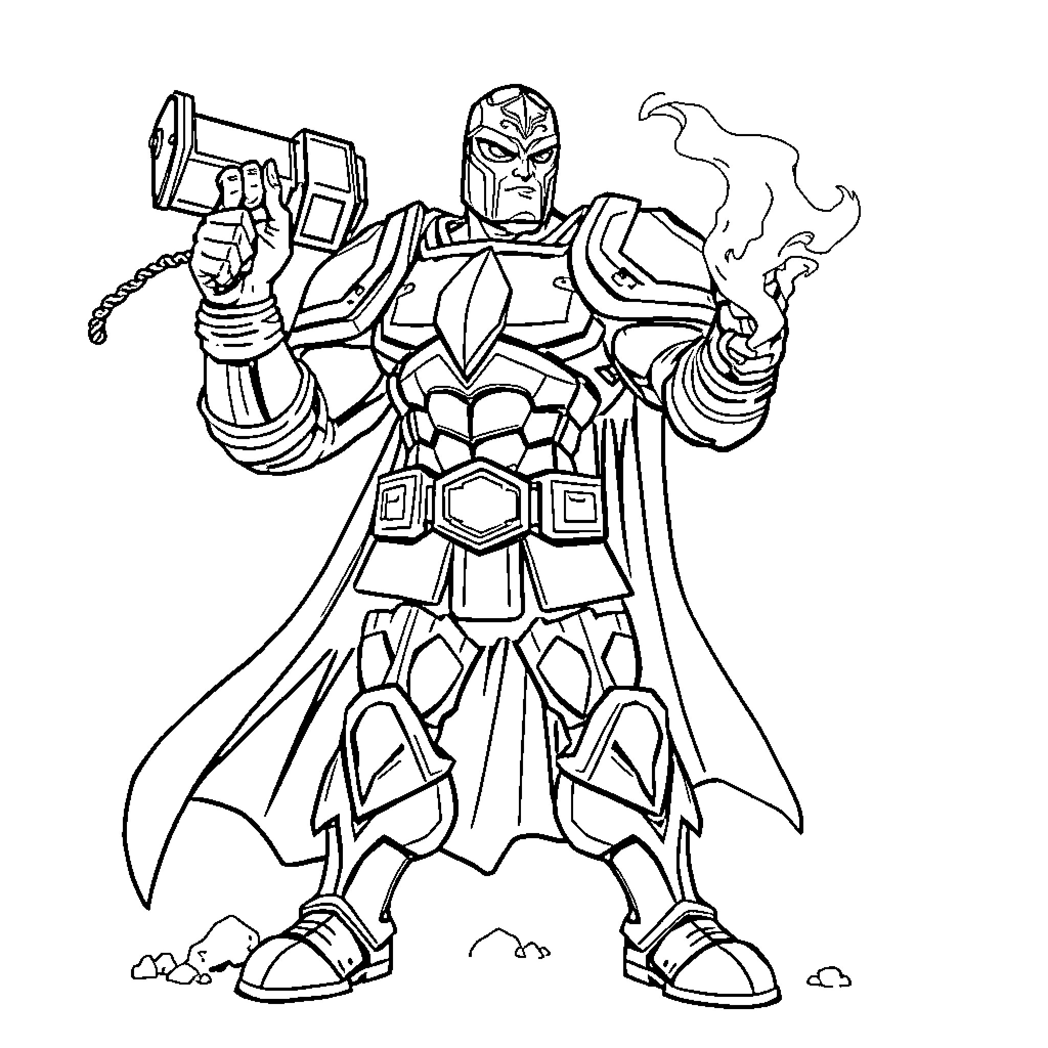 Superhero in Heroic Pose with Weaponry Coloring Page (free black-and-white line drawing printable PDF for all, from beginners to advanced learners, including children, teens, adults, and seniors)