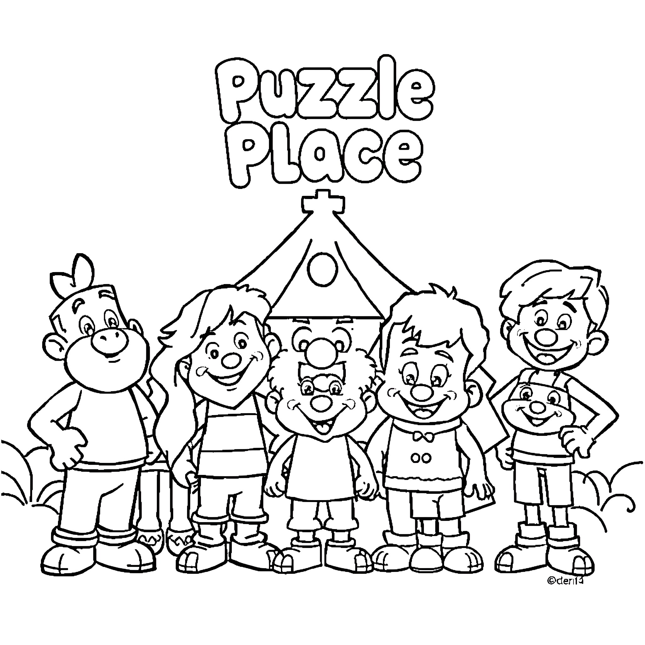 Puzzle Place Friends Gather Around the Logo Coloring Page (free black-and-white line drawing printable PDF for all, from beginners to advanced learners, including children, teens, adults, and seniors)