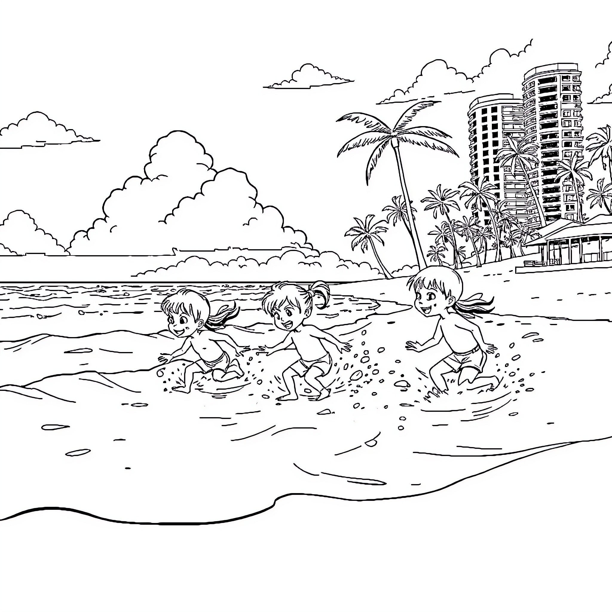 Children playing happily on the beach Coloring Page (free black-and-white line drawing printable PDF for all, from beginners to advanced learners, including children, teens, adults, and seniors)