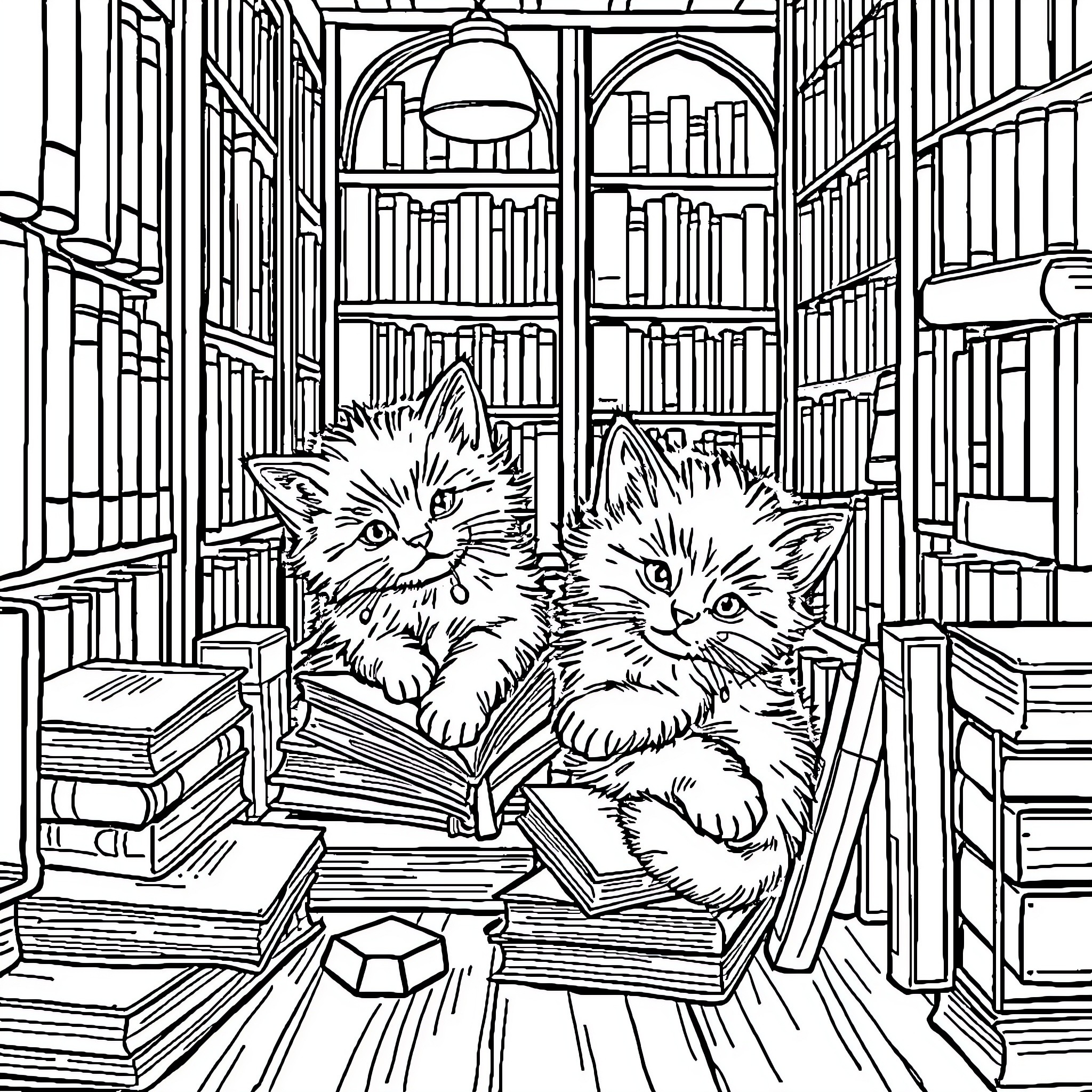 Kittens Exploring Cozy Library Coloring Page (free black-and-white line drawing printable PDF for all, from beginners to advanced learners, including children, teens, adults, and seniors)