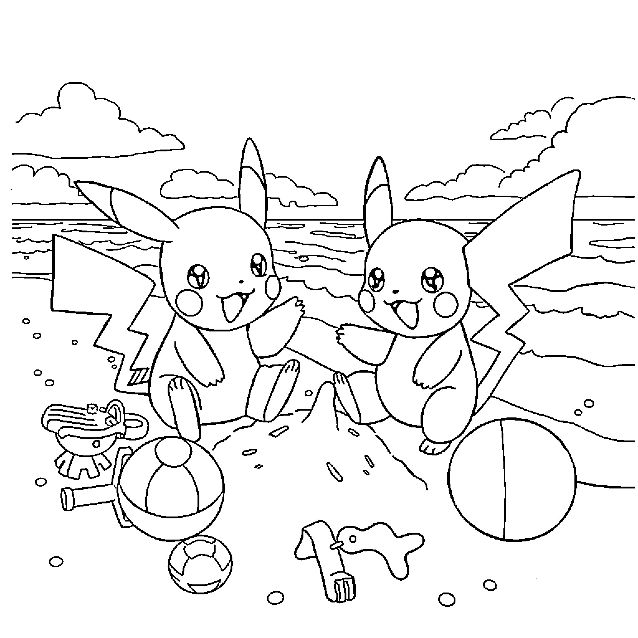Pokémon Enjoying a Beach Day Coloring Page (free black-and-white line drawing printable PDF for all, from beginners to advanced learners, including children, teens, adults, and seniors)