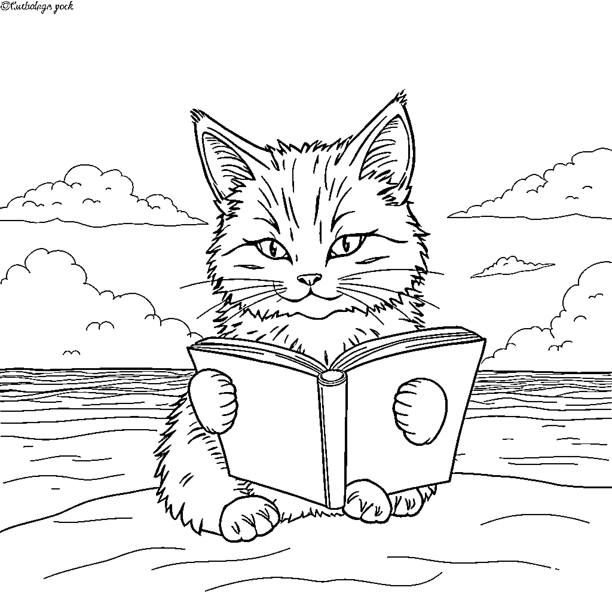 Cat reading a book outdoors Coloring Page (free black-and-white line drawing printable PDF for all, from beginners to advanced learners, including children, teens, adults, and seniors)