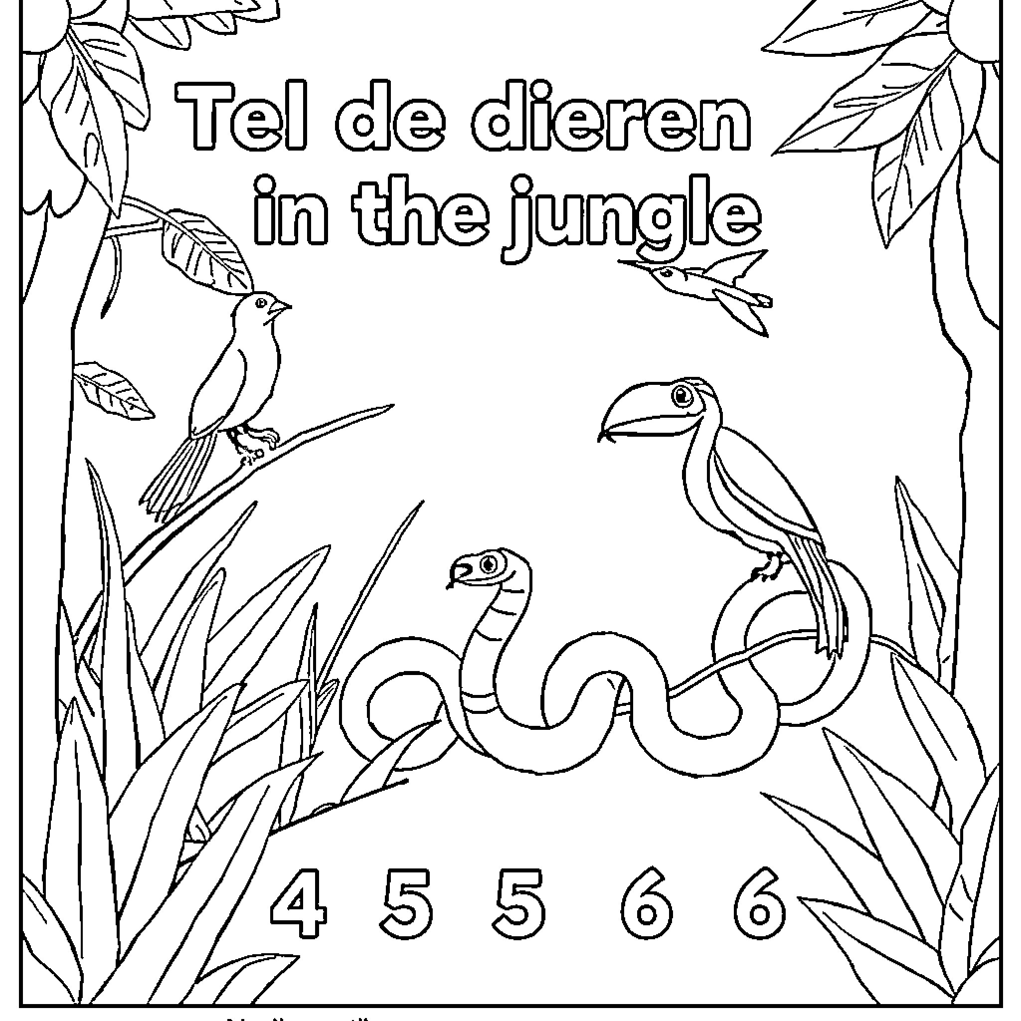 Jungle animals and nature scene Coloring Page (free black-and-white line drawing printable PDF for all, from beginners to advanced learners, including children, teens, adults, and seniors)