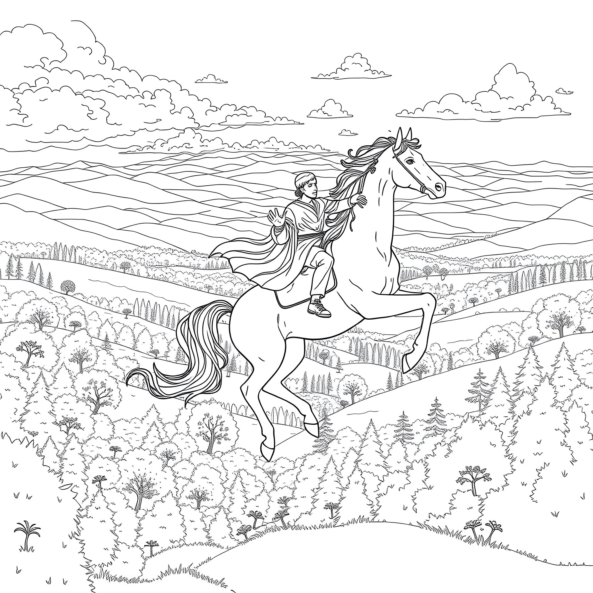 Man riding a white horse through a hilly landscape Coloring Page (free black-and-white line drawing printable PDF for all, from beginners to advanced learners, including children, teens, adults, and seniors)
