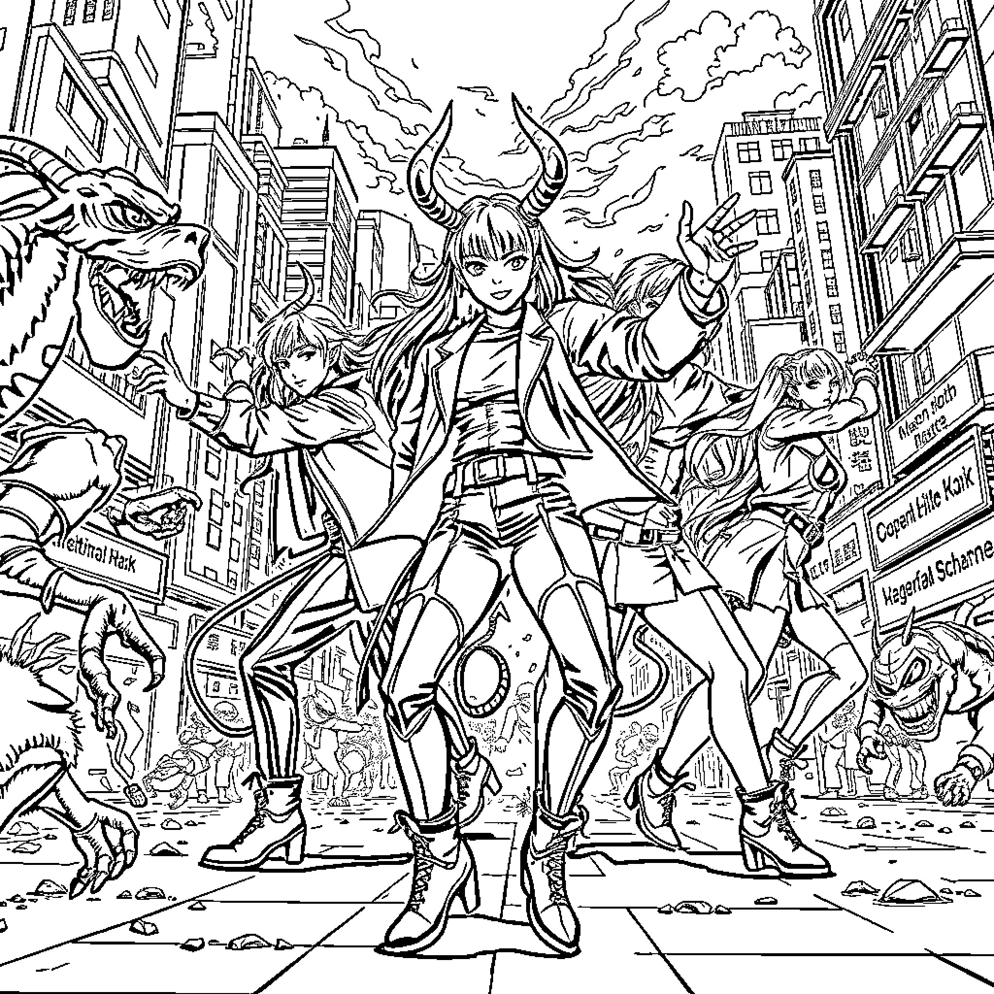 Demon Hunter Heroes Battling Dangerous Enemies in the City Coloring Page (free black-and-white line drawing printable PDF for all, from beginners to advanced learners, including children, teens, adults, and seniors)