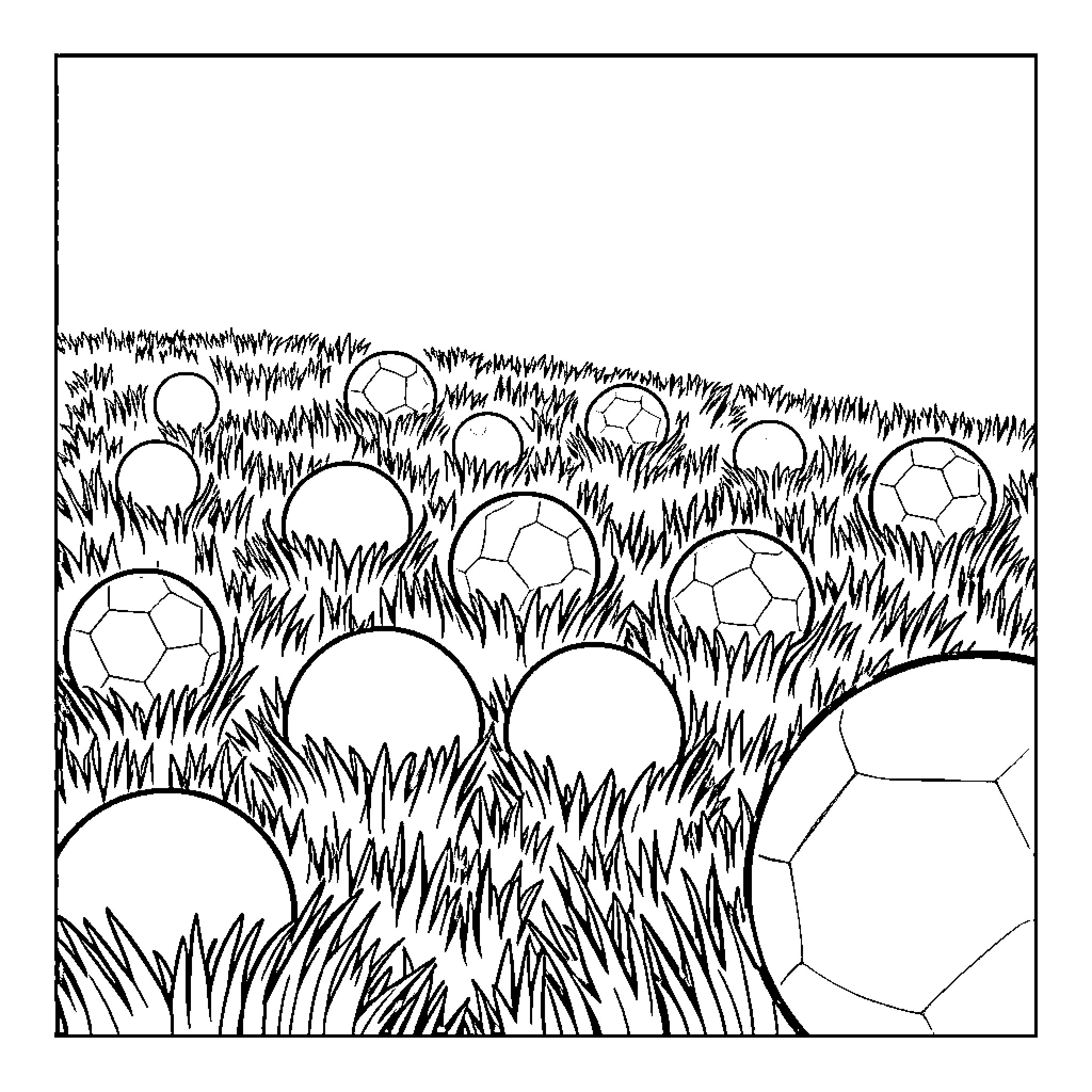 Ball-shaped objects scattered in grassy field Coloring Page (free black-and-white line drawing printable PDF for all, from beginners to advanced learners, including children, teens, adults, and seniors)