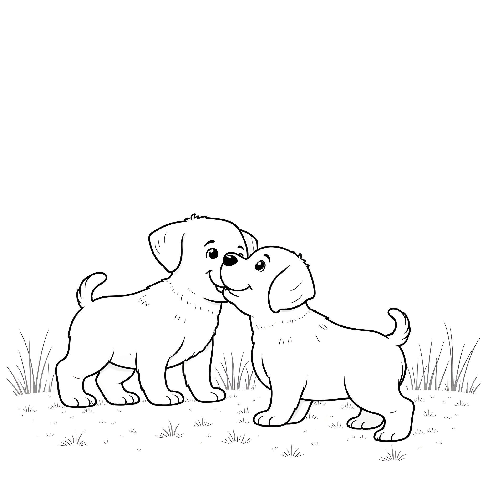 Puppy friends playing in the grass Coloring Page (free black-and-white line drawing printable PDF for all, from beginners to advanced learners, including children, teens, adults, and seniors)
