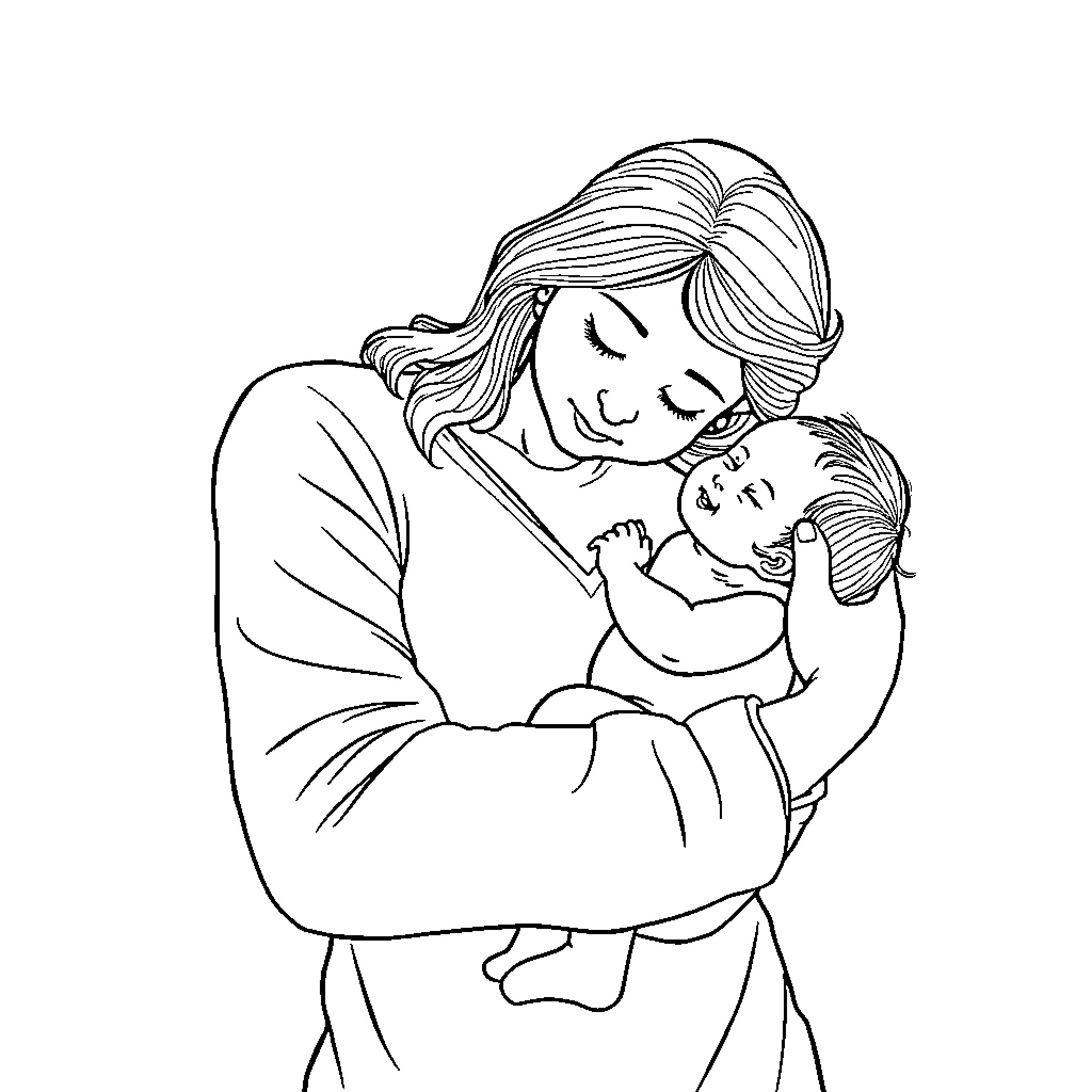 Mom cuddling and comforting her baby Coloring Page (free black-and-white line drawing printable PDF for all, from beginners to advanced learners, including children, teens, adults, and seniors)