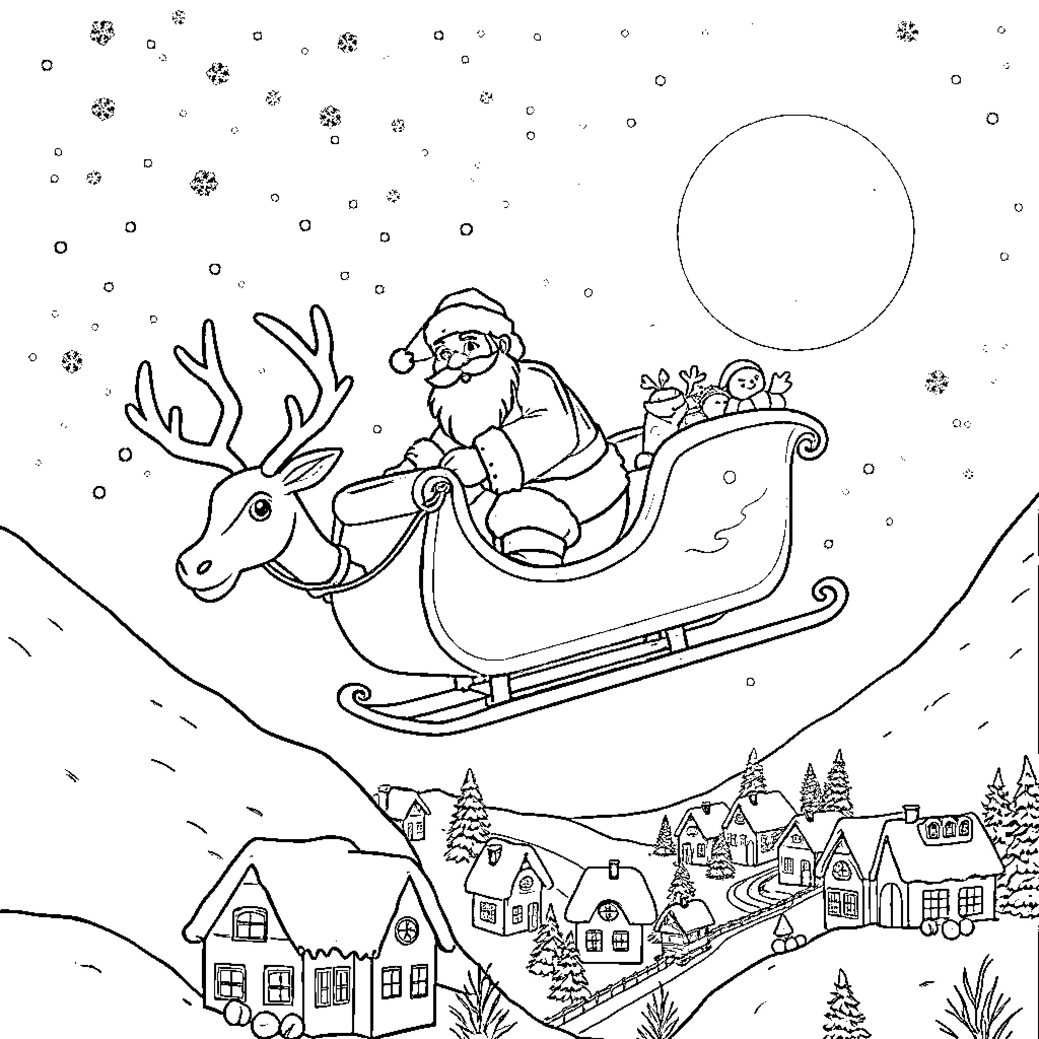 Santa's festive sleigh ride over a snowy village Coloring Page (free black-and-white line drawing printable PDF for all, from beginners to advanced learners, including children, teens, adults, and seniors)