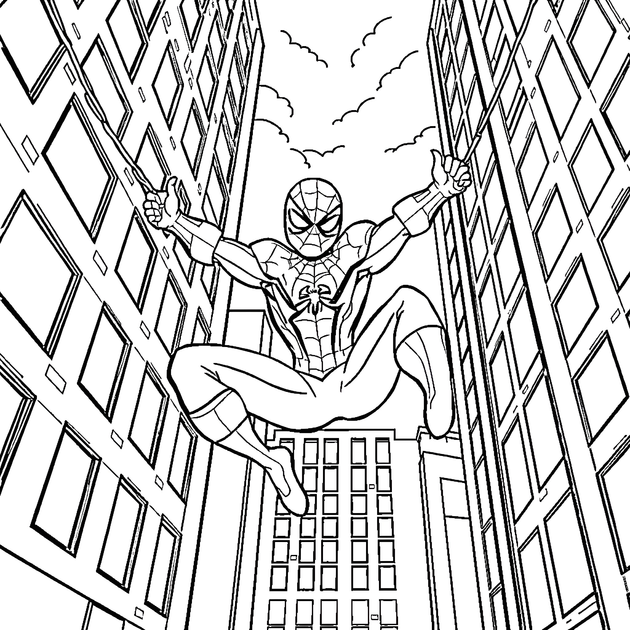 Spiderman Swinging through Cityscape Coloring Page (free black-and-white line drawing printable PDF for all, from beginners to advanced learners, including children, teens, adults, and seniors)