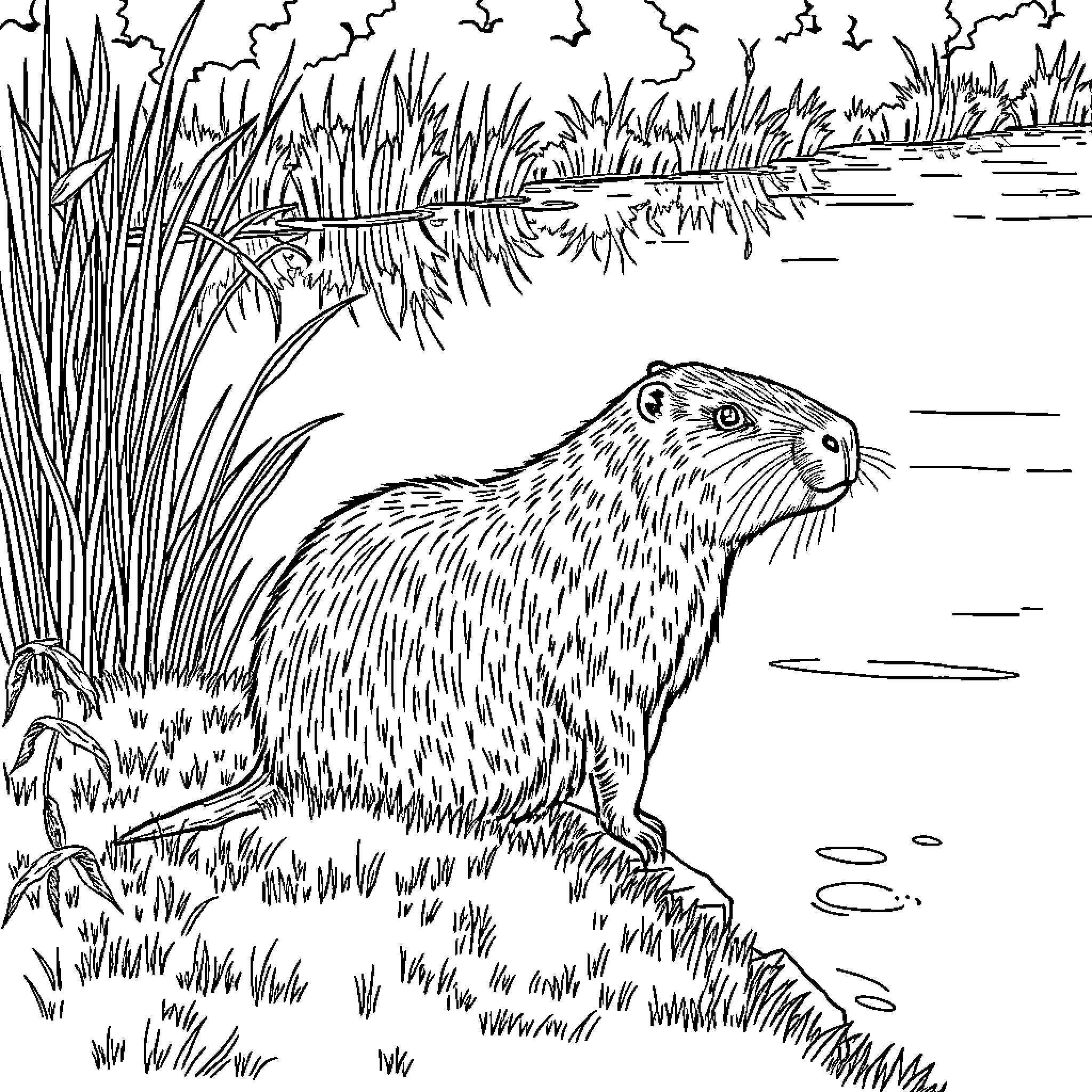 Capybara by the water's edge Coloring Page (free black-and-white line drawing printable PDF for all, from beginners to advanced learners, including children, teens, adults, and seniors)