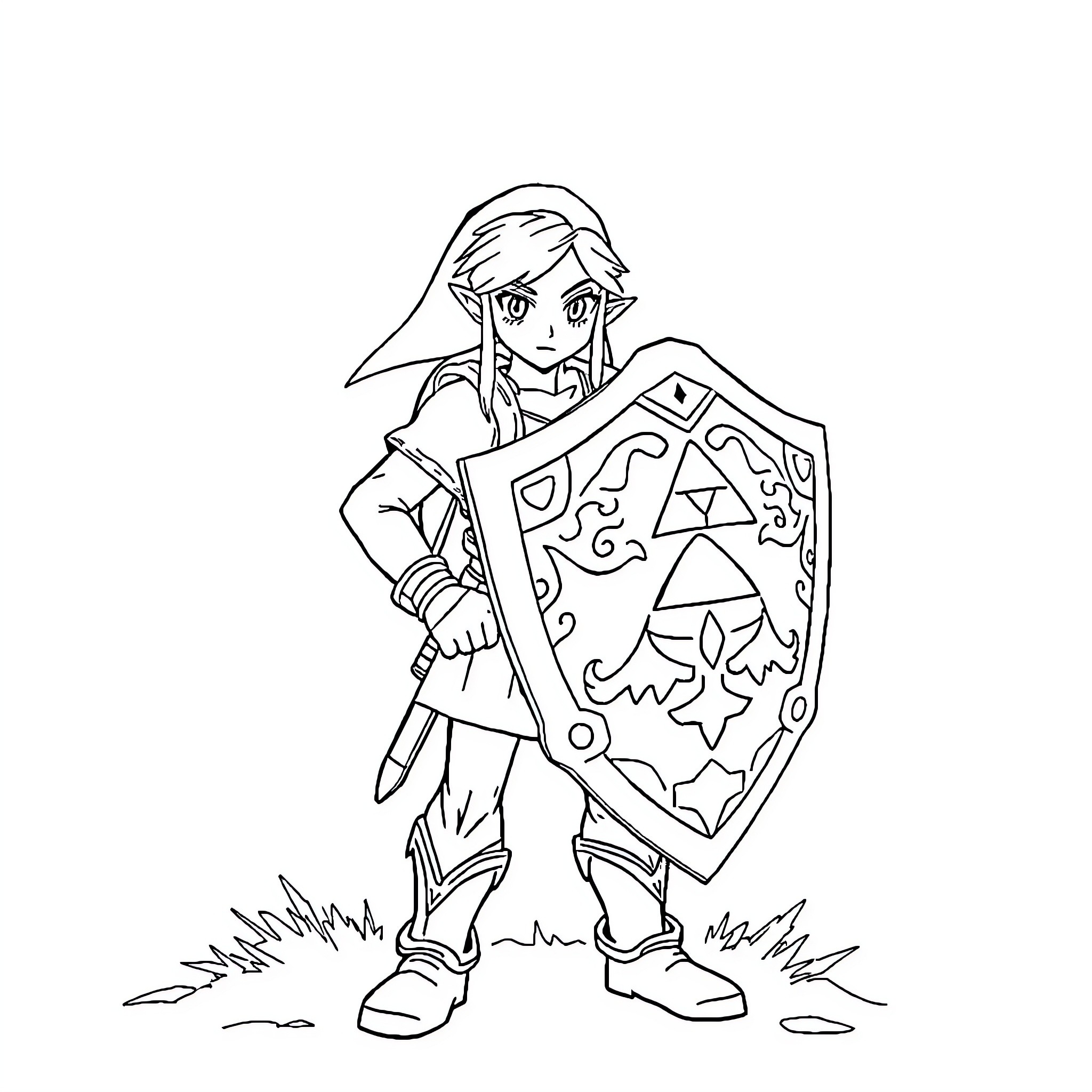 Link in adventurous battle pose with shield Coloring Page (free black-and-white line drawing printable PDF for all, from beginners to advanced learners, including children, teens, adults, and seniors)