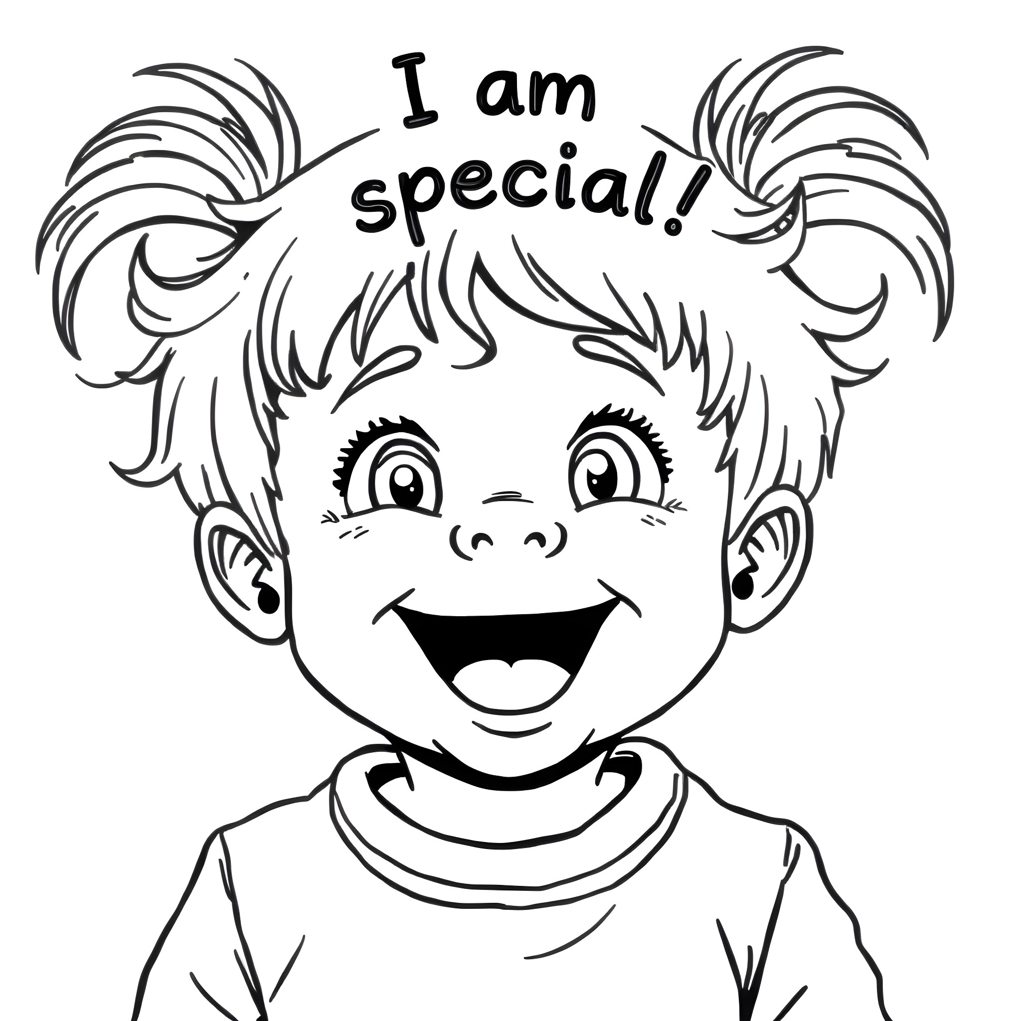 Child with a cheerful expression declares 'I am special!' Coloring Page (free black-and-white line drawing printable PDF for all, from beginners to advanced learners, including children, teens, adults, and seniors)