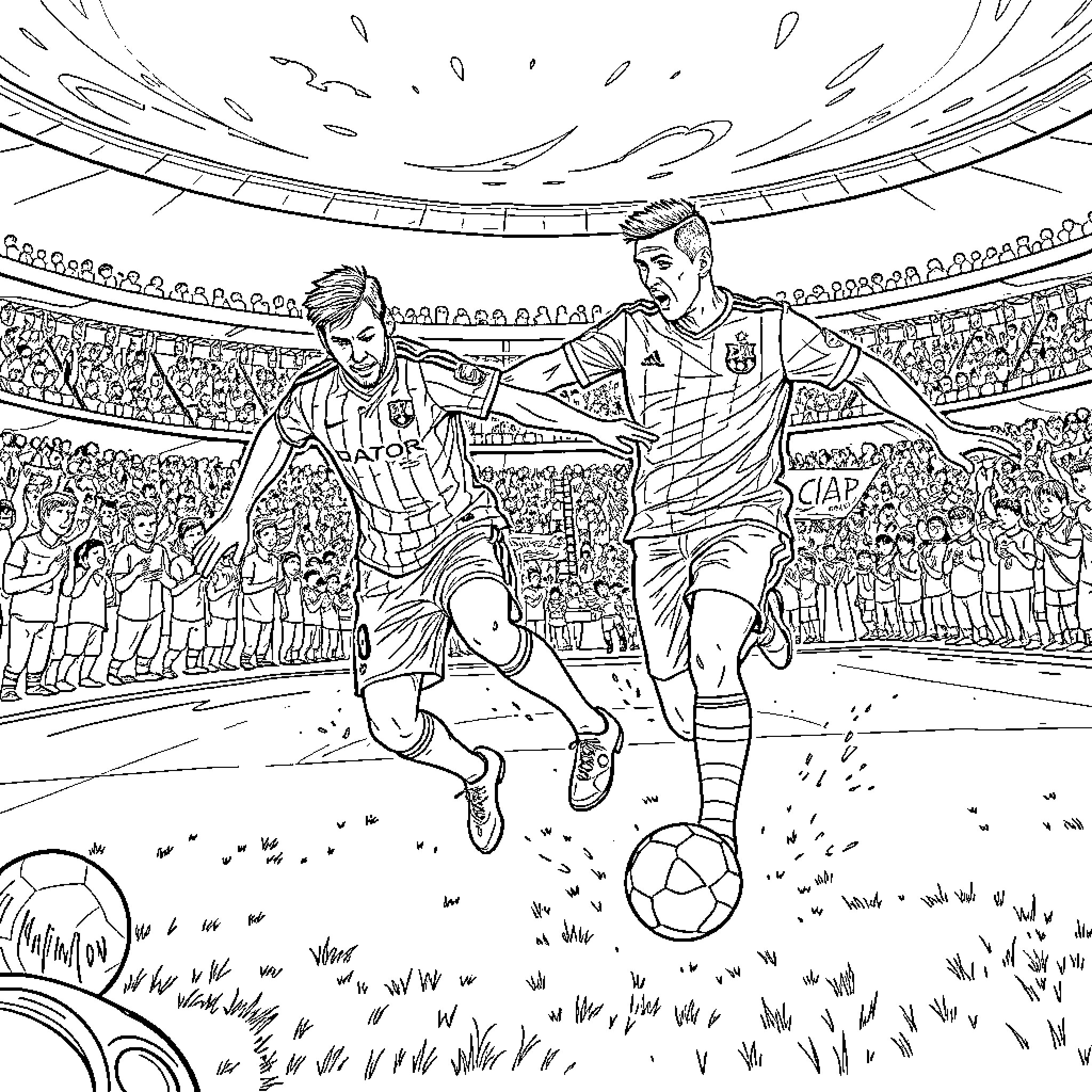 Messi and teammate battling on the pitch Coloring Page (free black-and-white line drawing printable PDF for all, from beginners to advanced learners, including children, teens, adults, and seniors)