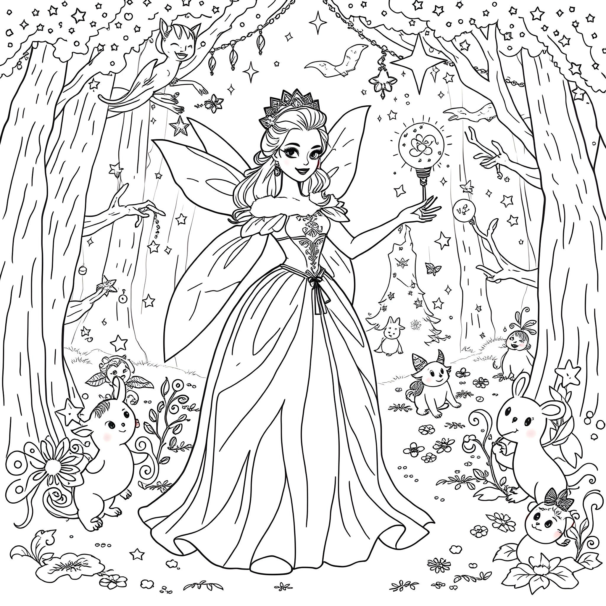 Fairy Godmother in a Magical Woodland Coloring Page (free black-and-white line drawing printable PDF for all, from beginners to advanced learners, including children, teens, adults, and seniors)