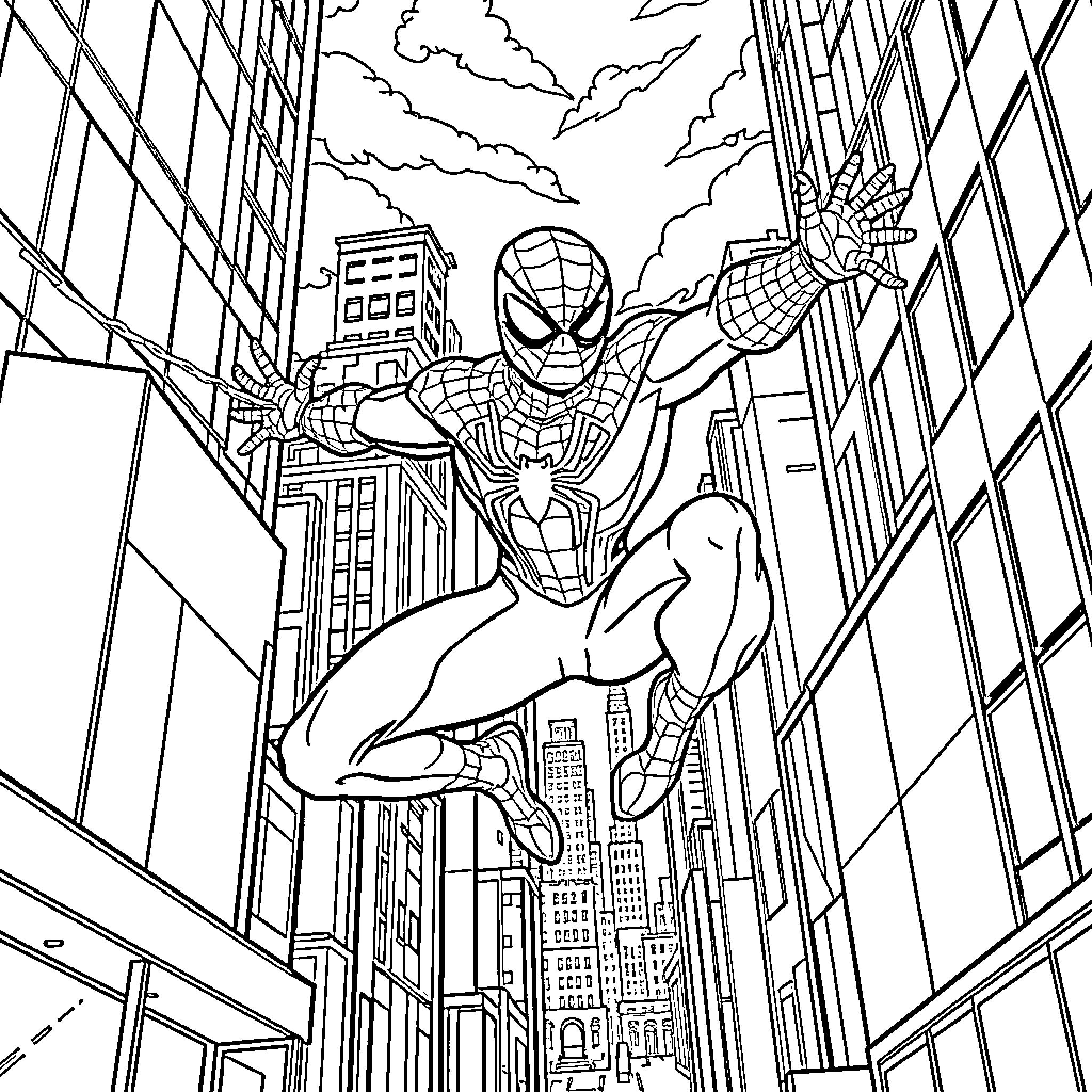 Spider-Man swinging through the city streets Coloring Page (free black-and-white line drawing printable PDF for all, from beginners to advanced learners, including children, teens, adults, and seniors)